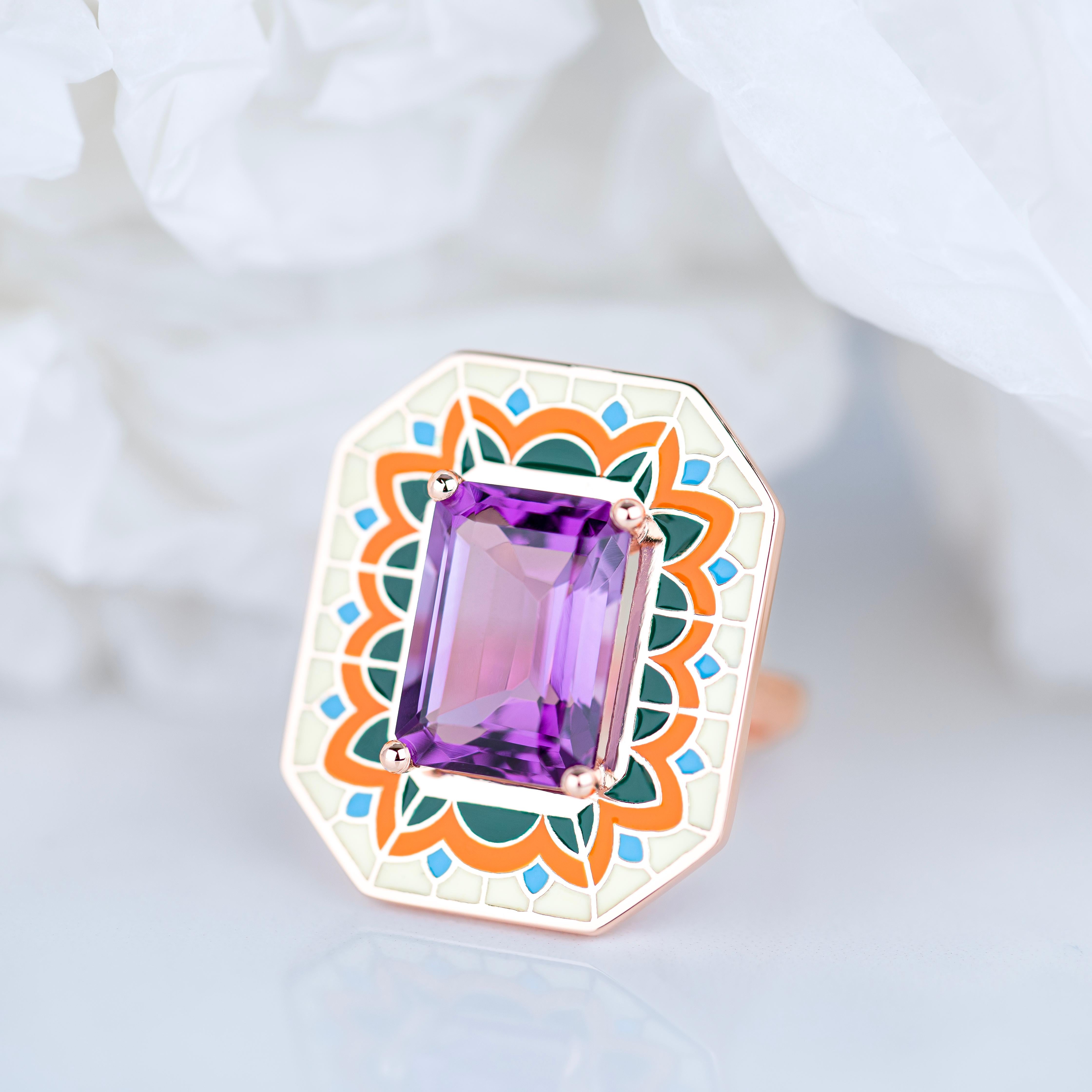 Art Deco Style Ring, 6.00-7.00 Ct Amethyst Stone and Colorful Enamel Ring For Sale 1