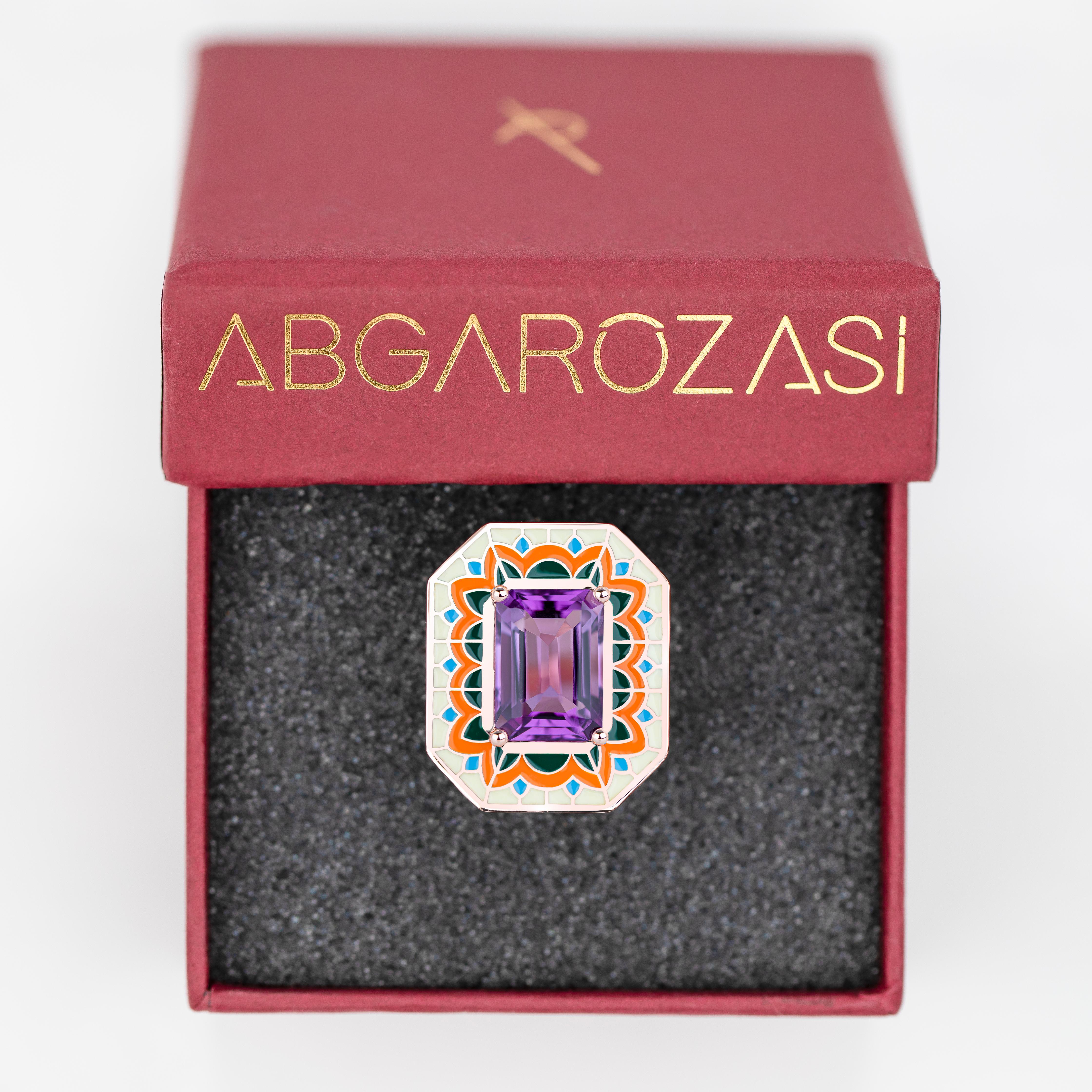 Art Deco Style Ring, 6.00-7.00 Ct Amethyst Stone and Colorful Enamel Ring For Sale 4