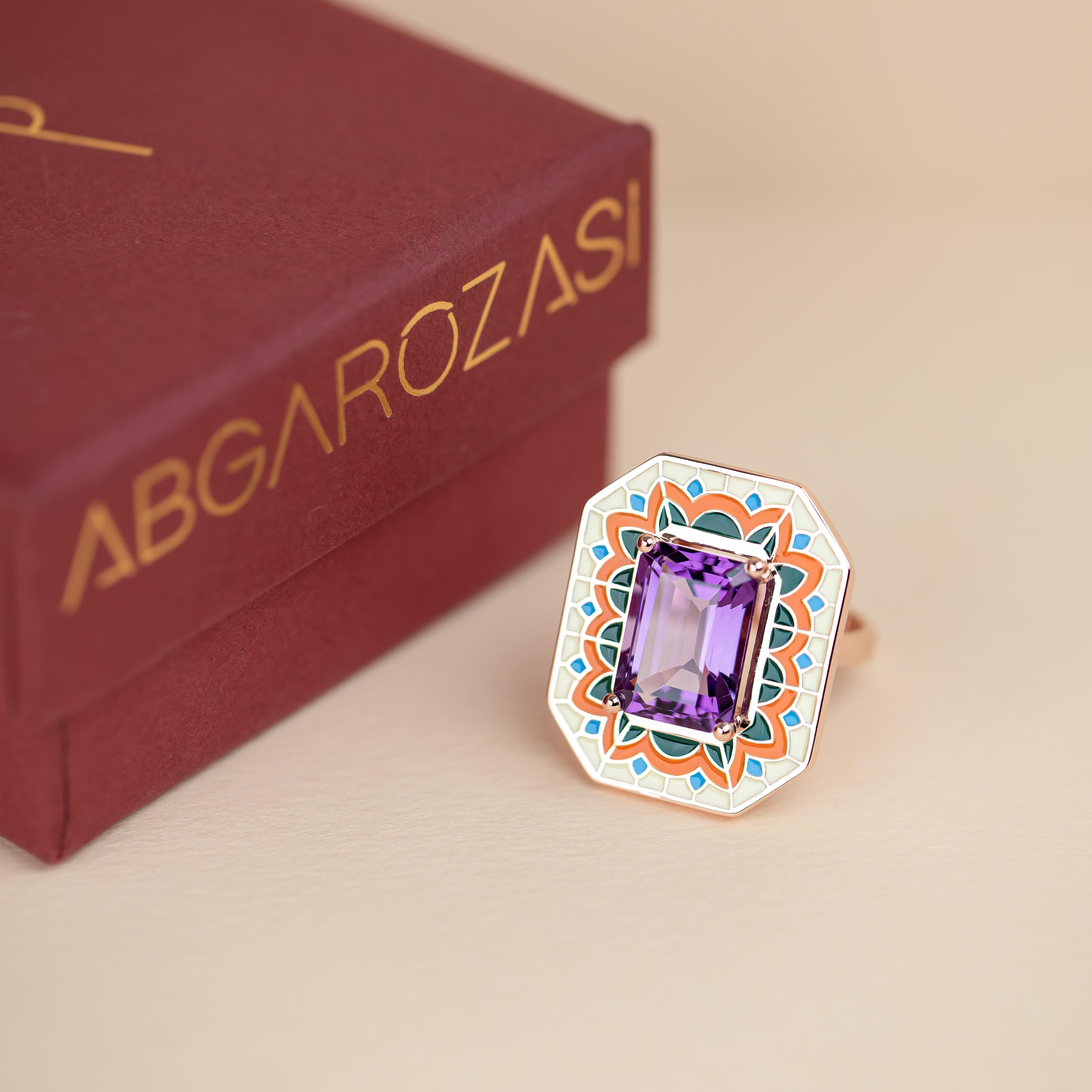 Art Deco Style Ring, 6.00-7.00 Ct Amethyst Stone and Colorful Enamel Ring For Sale 5