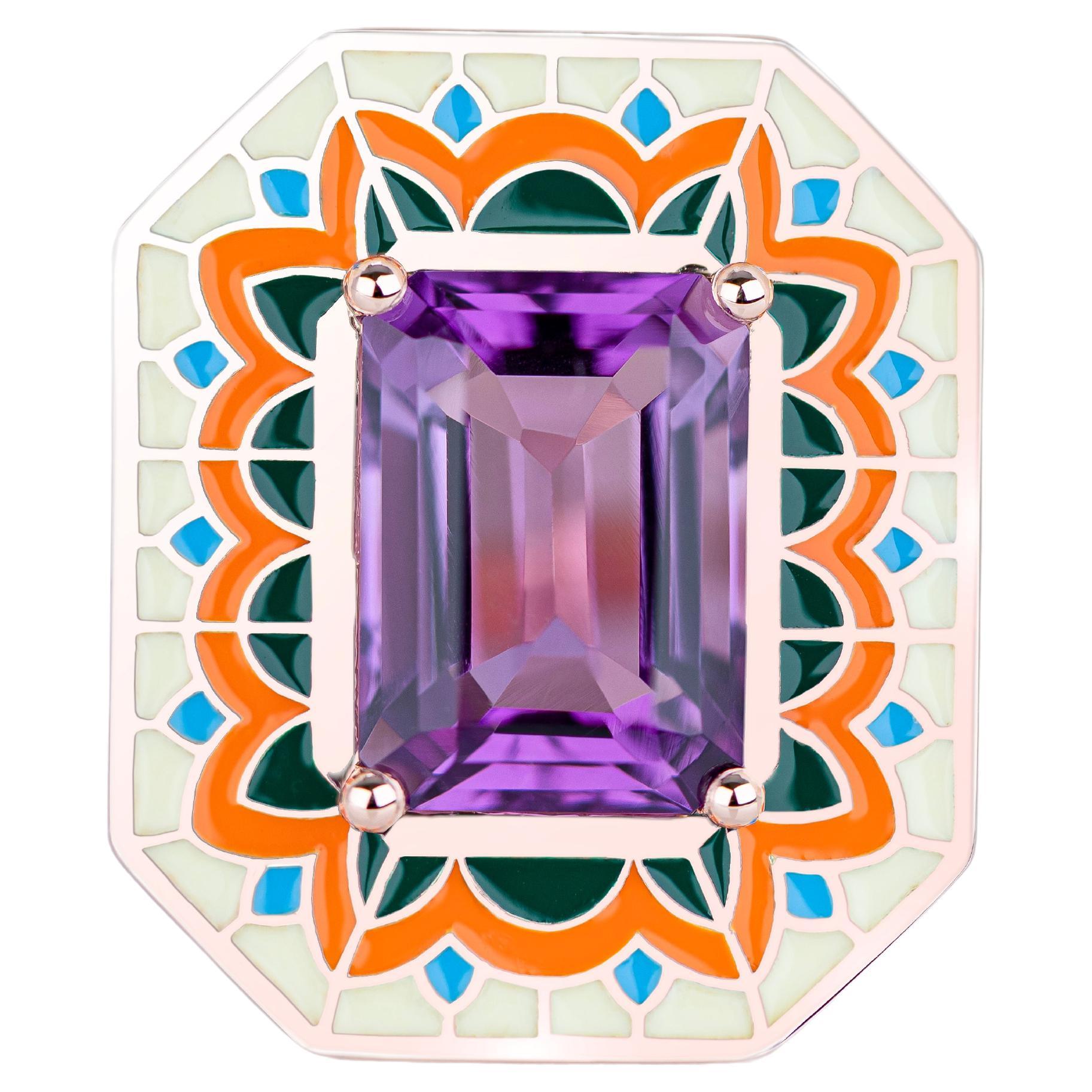 Art Deco Style Ring, 6.00-7.00 Ct Amethyst Stone and Colorful Enamel Ring For Sale