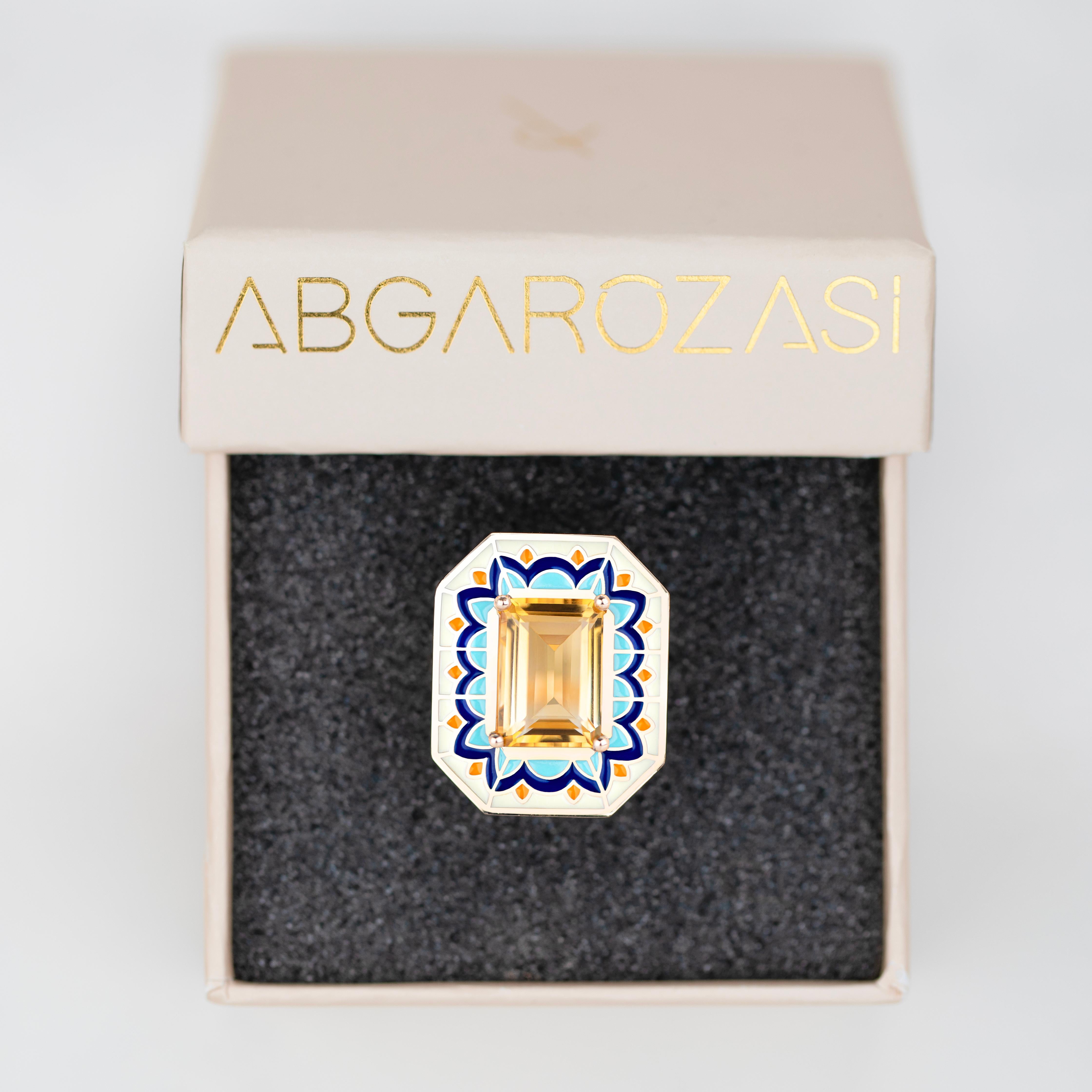 Art Deco Style Ring, 6.00-7.00 Ct Citrine Stone and Colorful Enamel Ring For Sale 5