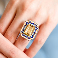 Art Deco Style Ring, 6.00-7.00 Ct Citrine Stone and Colorful Enamel Ring