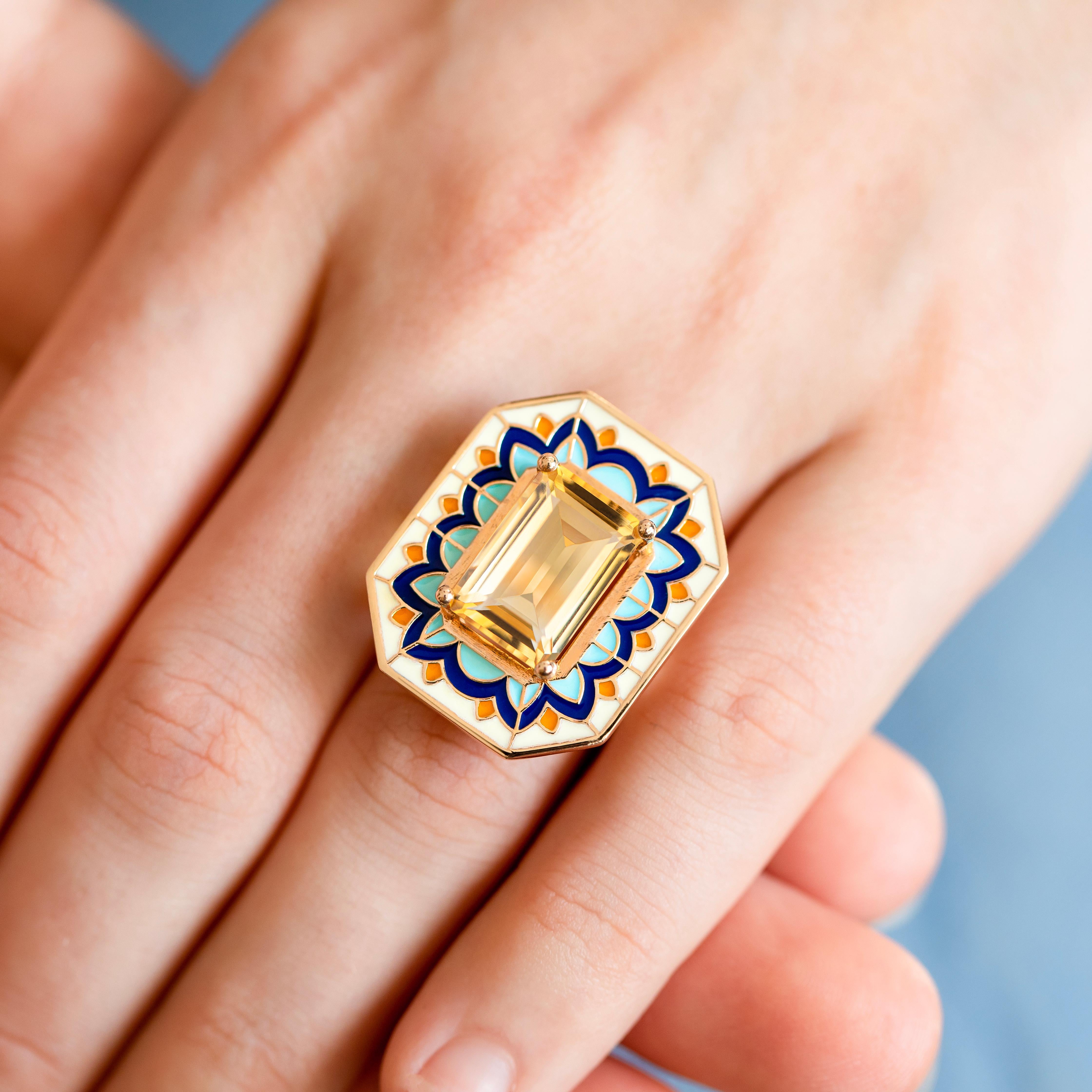 Art Deco Style Ring, 6.00-7.00 Ct Citrine Stone and Colorful Enamel Ring In New Condition For Sale In ISTANBUL, TR
