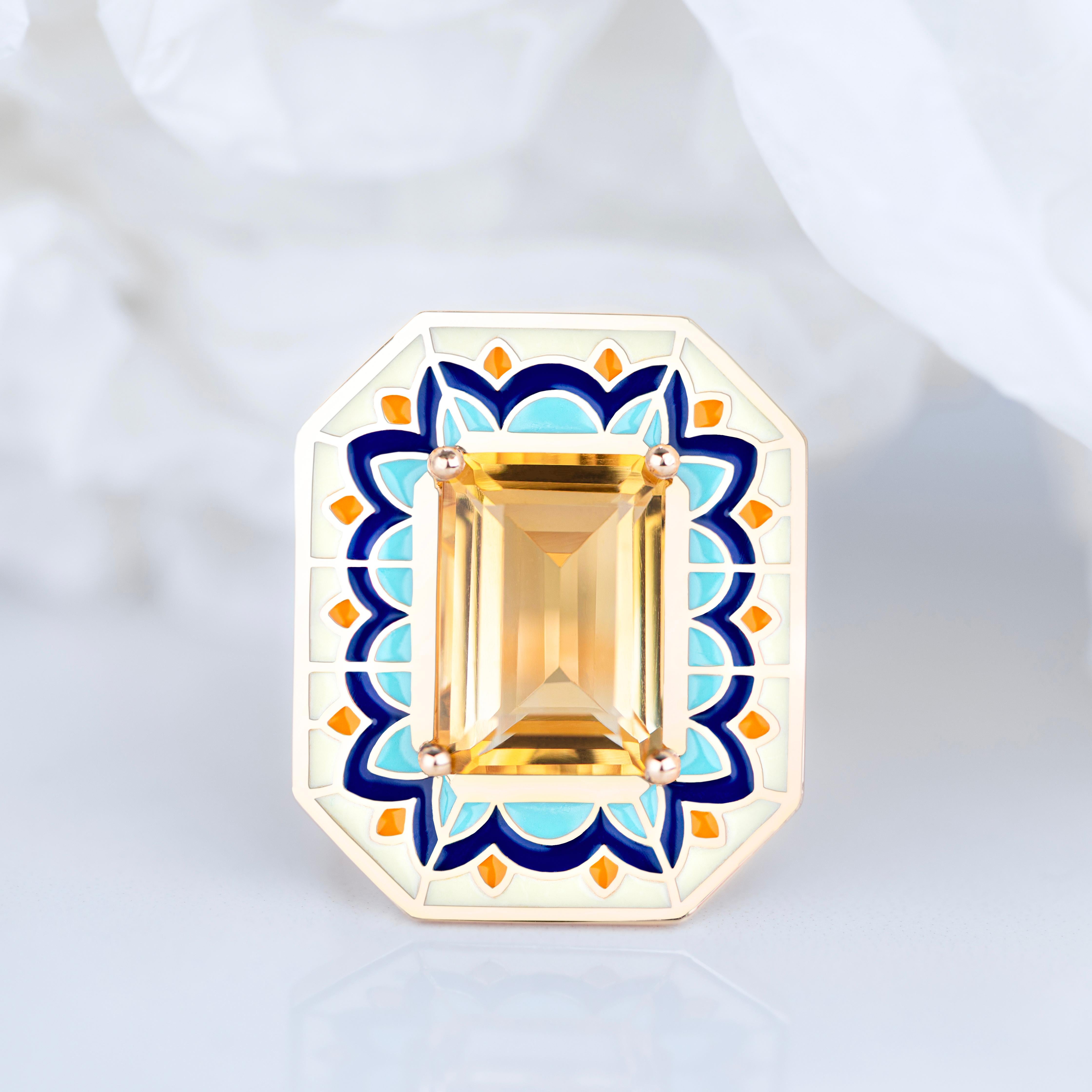 Women's or Men's Art Deco Style Ring, 6.00-7.00 Ct Citrine Stone and Colorful Enamel Ring For Sale