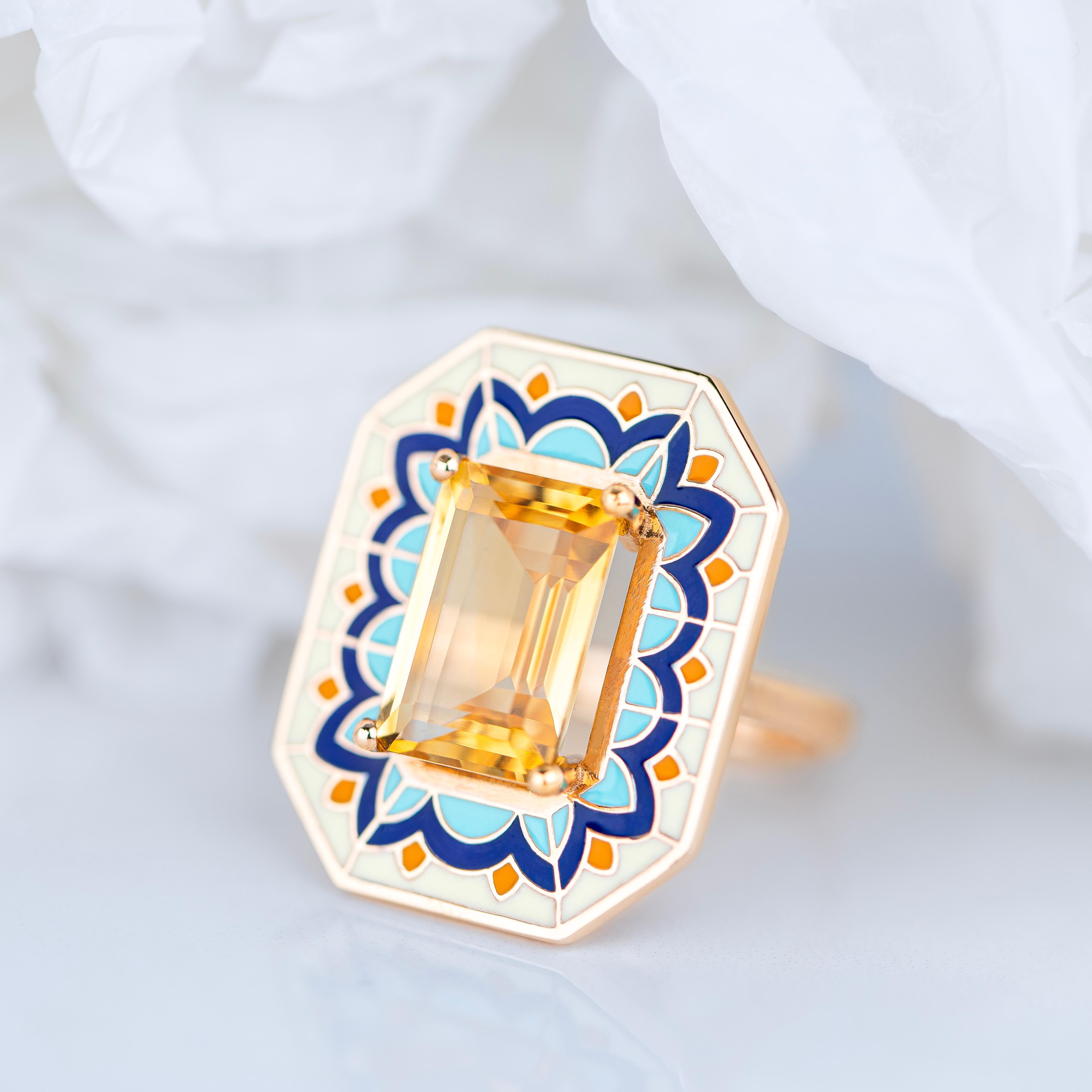 Art Deco Style Ring, 6.00-7.00 Ct Citrine Stone and Colorful Enamel Ring For Sale 1