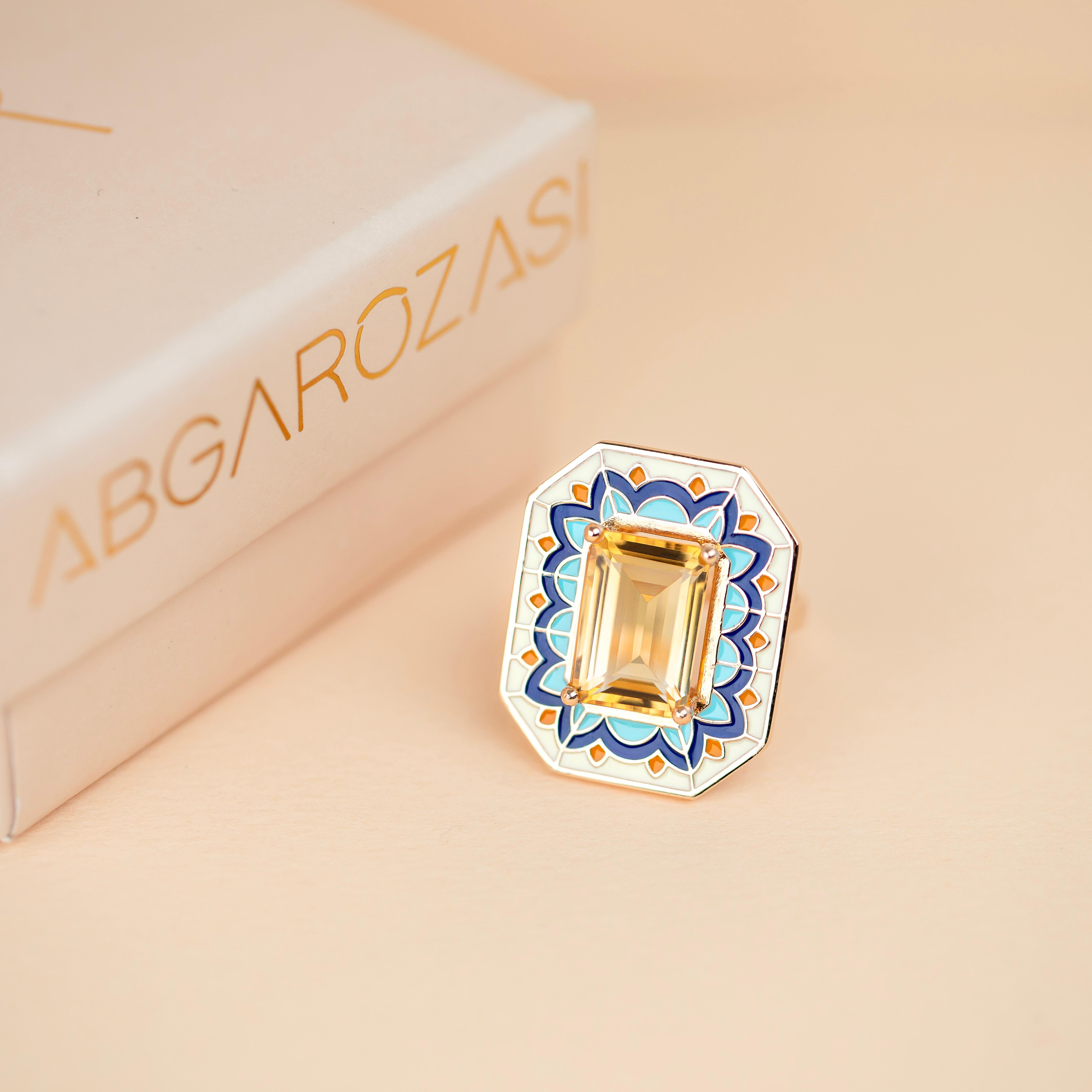 Art Deco Style Ring, 6.00-7.00 Ct Citrine Stone and Colorful Enamel Ring For Sale 4