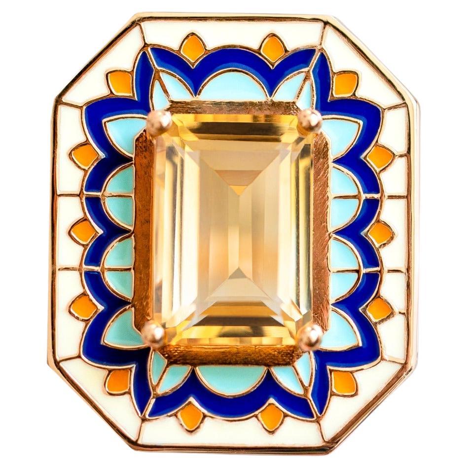 Art Deco Style Ring, 6.00-7.00 Ct Citrine Stone and Colorful Enamel Ring