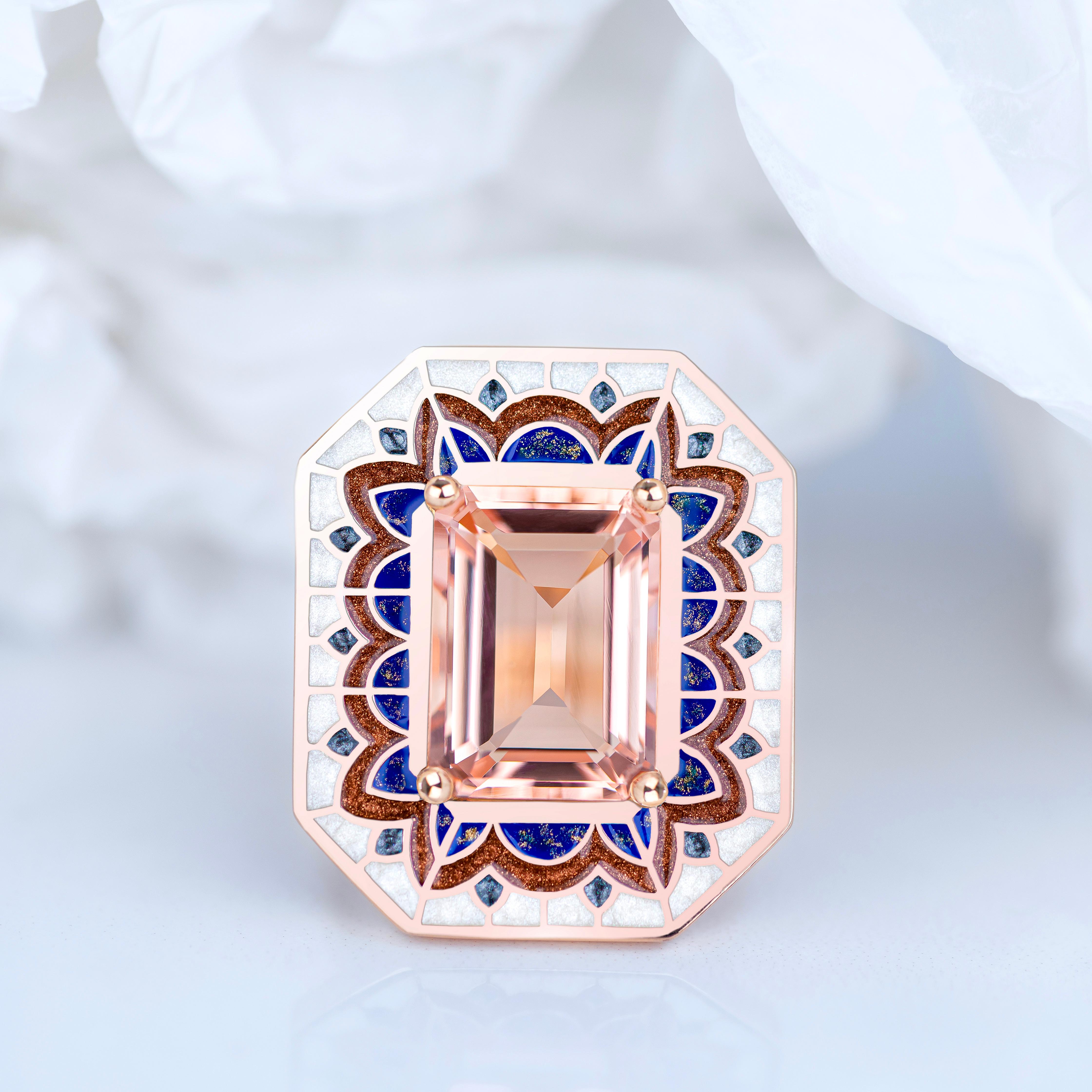 Art Deco Ring, 6.00-7.00 Ct Morganite Stone and Colorful Enamel Ring, 14K Gold Cocktail Ring or 925 Sterling Silver, Seljuk Collection Rings

This ring was made with quality materials and excellent handwork. I guarantee the quality assurance of my