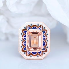 Art Deco Style Ring, 6.00-7.00 Ct Morganite Stone and Colorful Enamel Ring