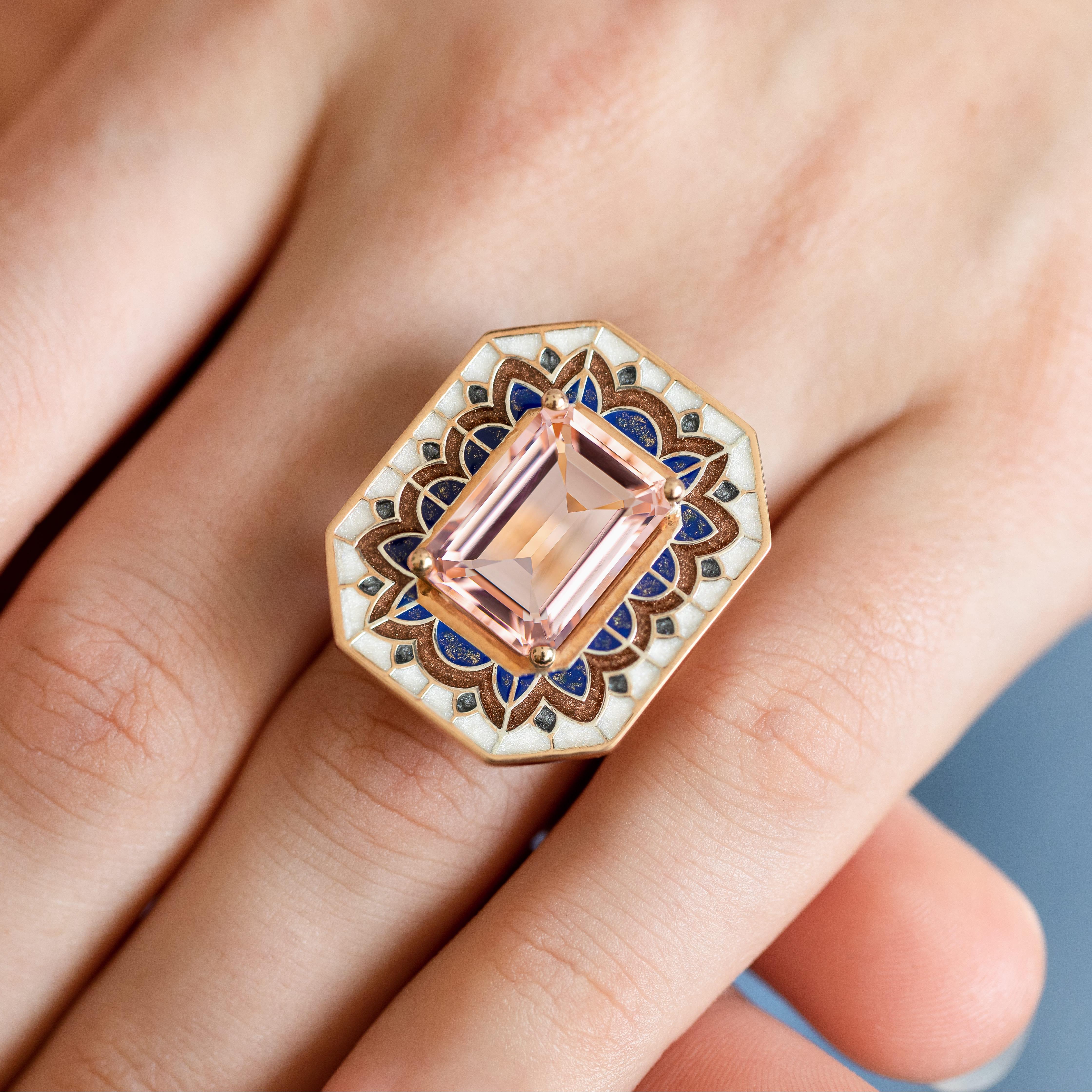 Emerald Cut Art Deco Style Ring, 6.00-7.00 Ct Morganite Stone and Colorful Enamel Ring For Sale