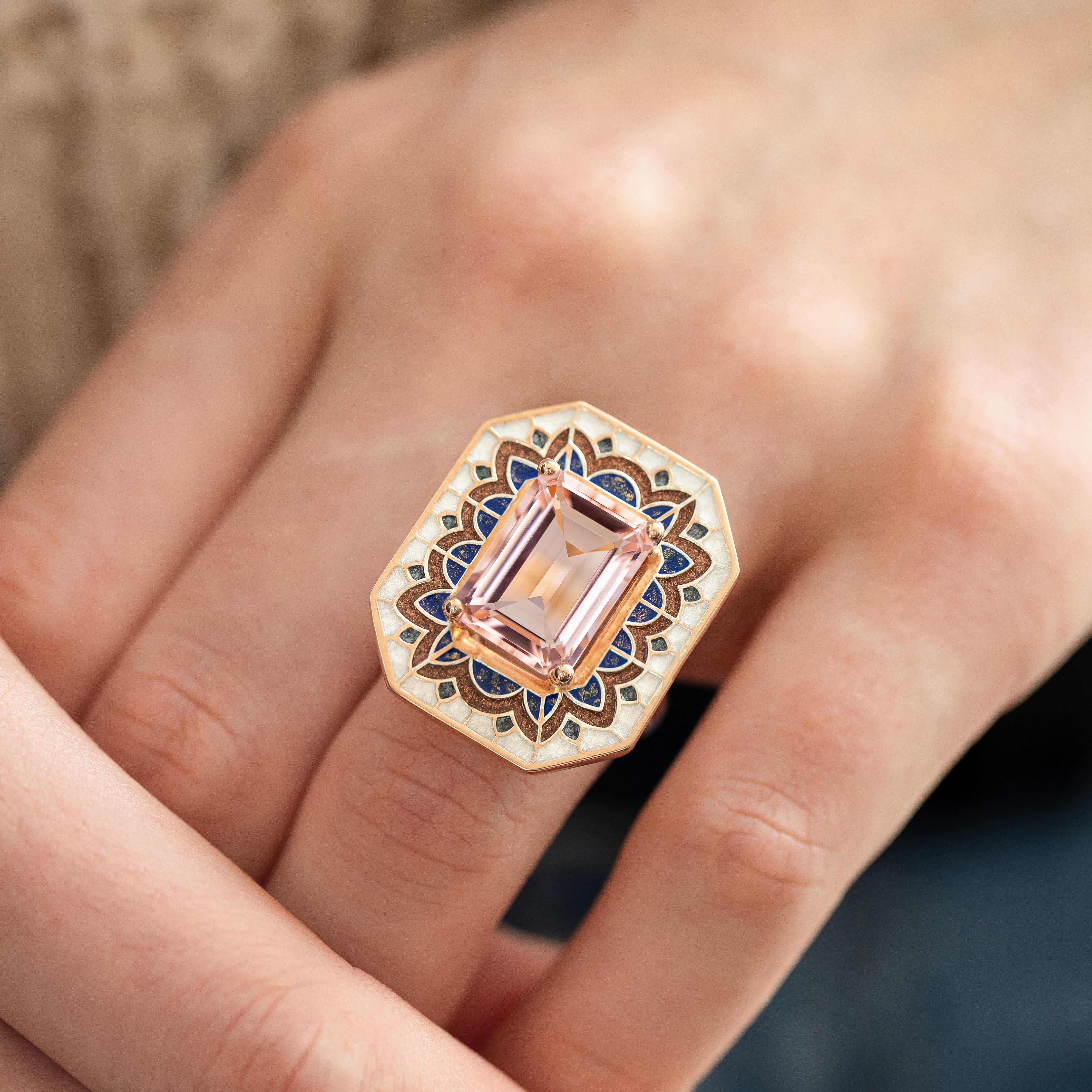 Art Deco Style Ring, 6.00-7.00 Ct Morganite Stone and Colorful Enamel Ring In New Condition For Sale In ISTANBUL, TR