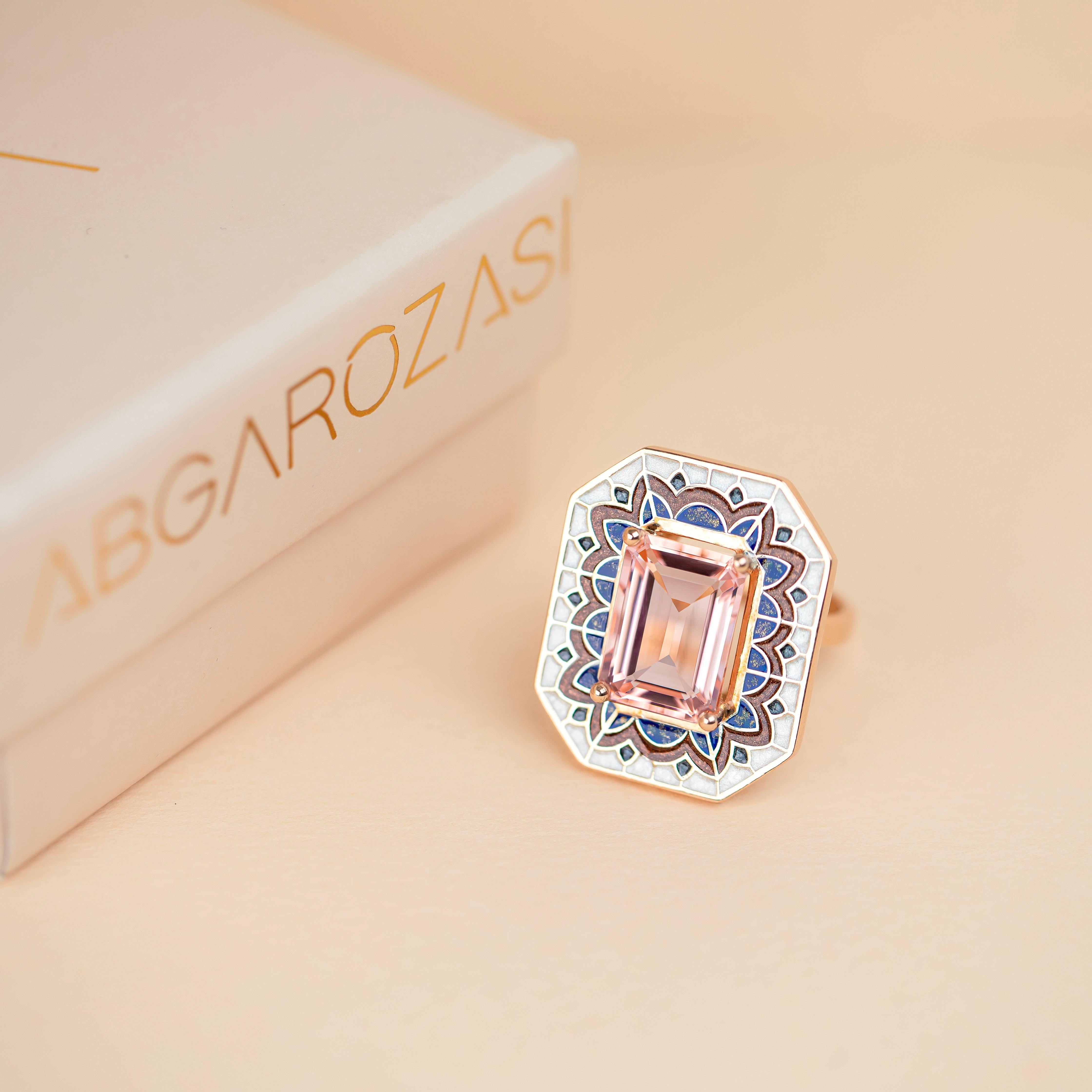 Women's or Men's Art Deco Style Ring, 6.00-7.00 Ct Morganite Stone and Colorful Enamel Ring For Sale