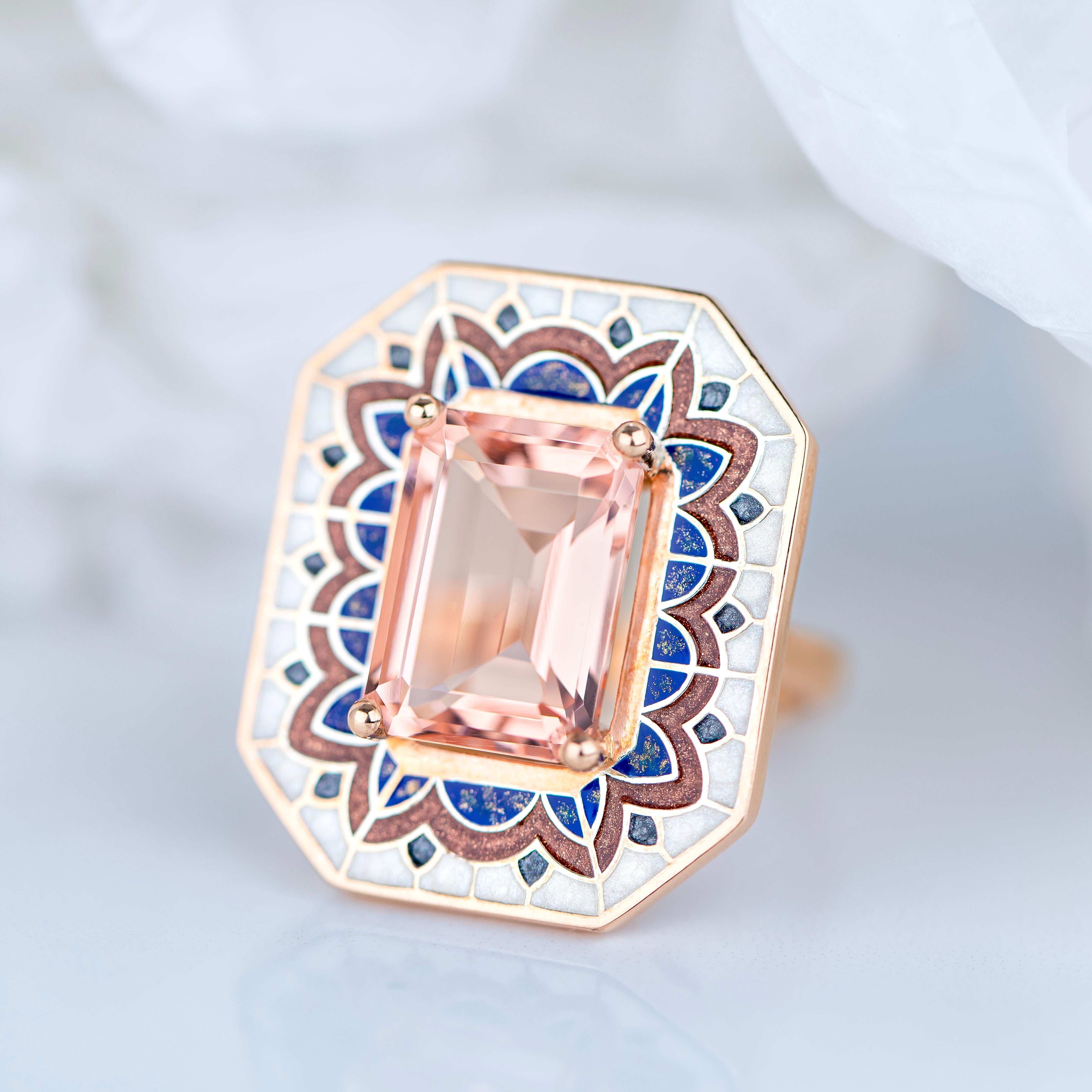Art Deco Style Ring, 6.00-7.00 Ct Morganite Stone and Colorful Enamel Ring For Sale 1