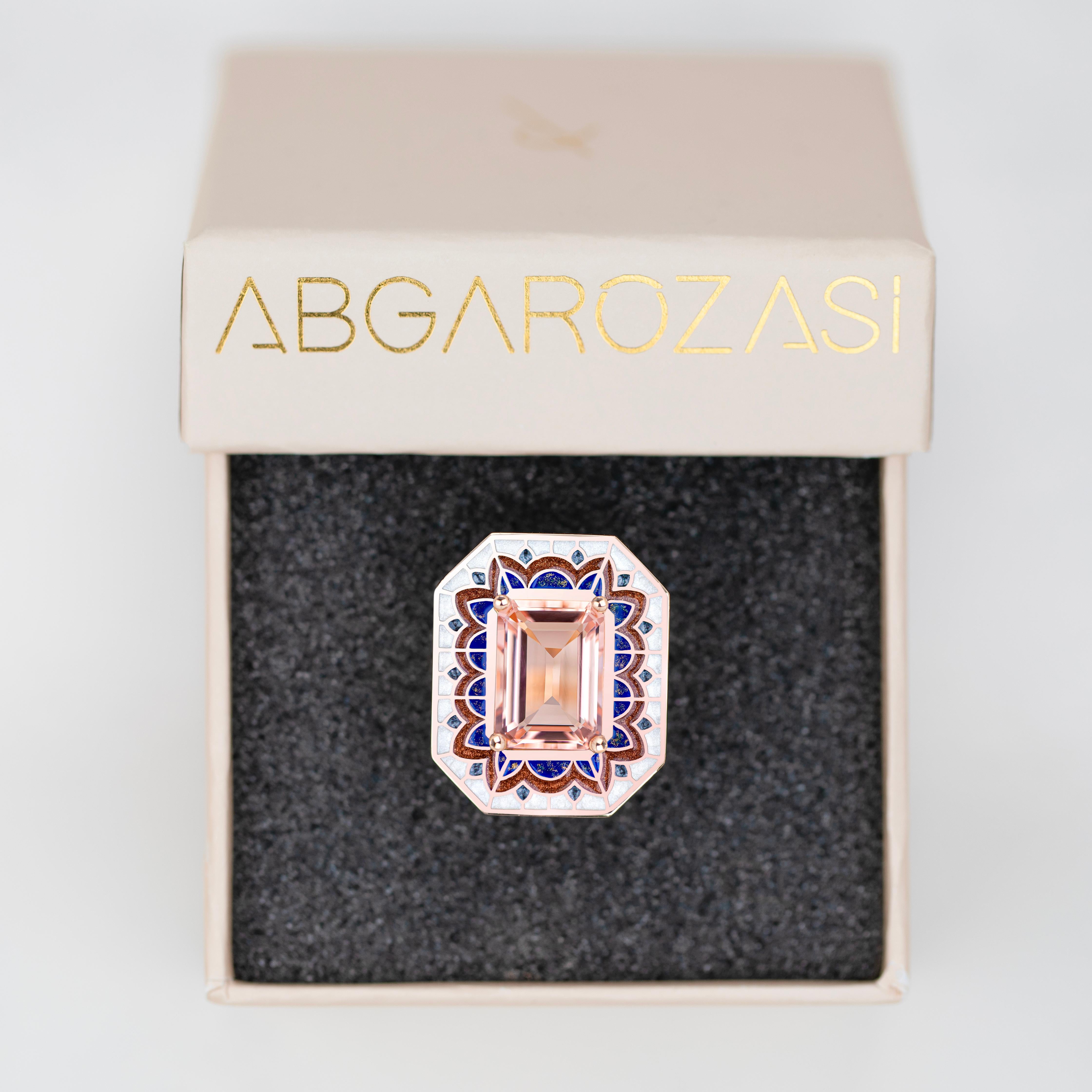 Art Deco Style Ring, 6.00-7.00 Ct Morganite Stone and Colorful Enamel Ring For Sale 4