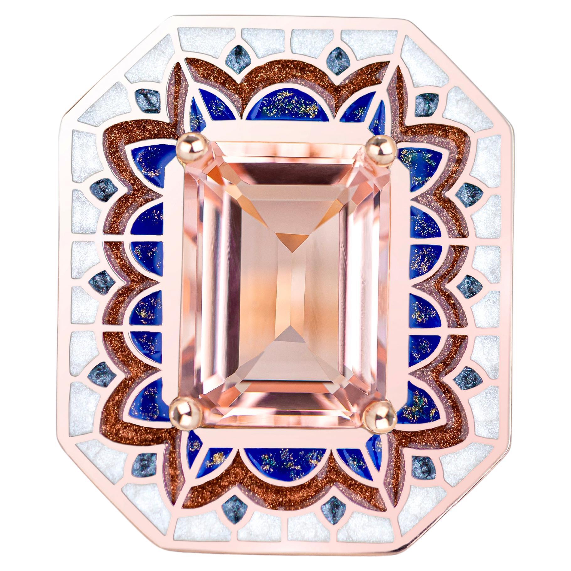 Art Deco Style Ring, 6.00-7.00 Ct Morganite Stone and Colorful Enamel Ring For Sale