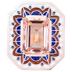 Art Deco Style Ring, 6.00-7.00 Ct Morganite Stone and Colorful Enamel Ring