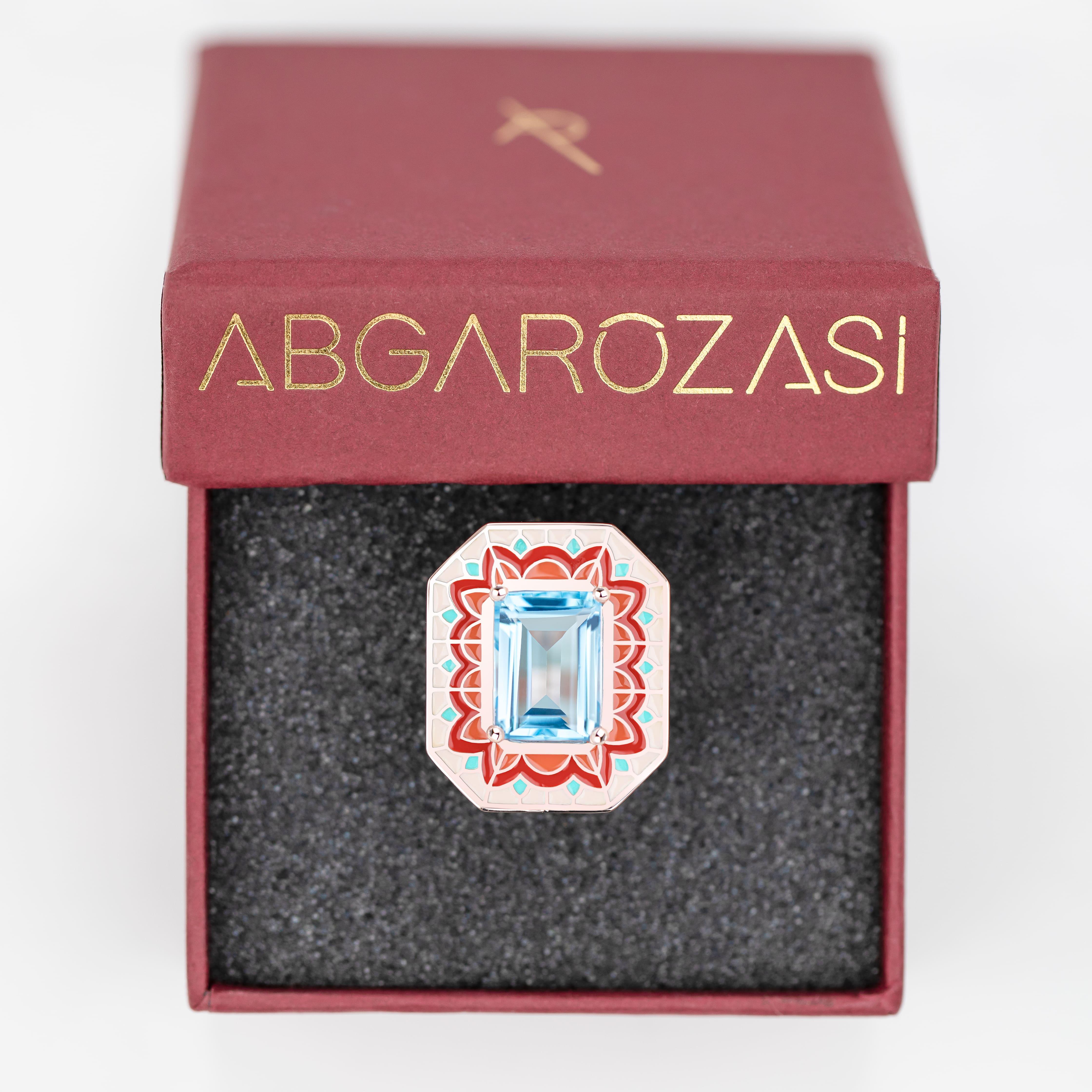 Art Deco Style Ring, 6.00-7.00 Ct Sky Topaz Stone and Colorful Enamel Ring For Sale 5