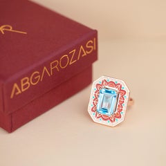 Art Deco Style Ring, 6.00-7.00 Ct Sky Topaz Stone and Colorful Enamel Ring