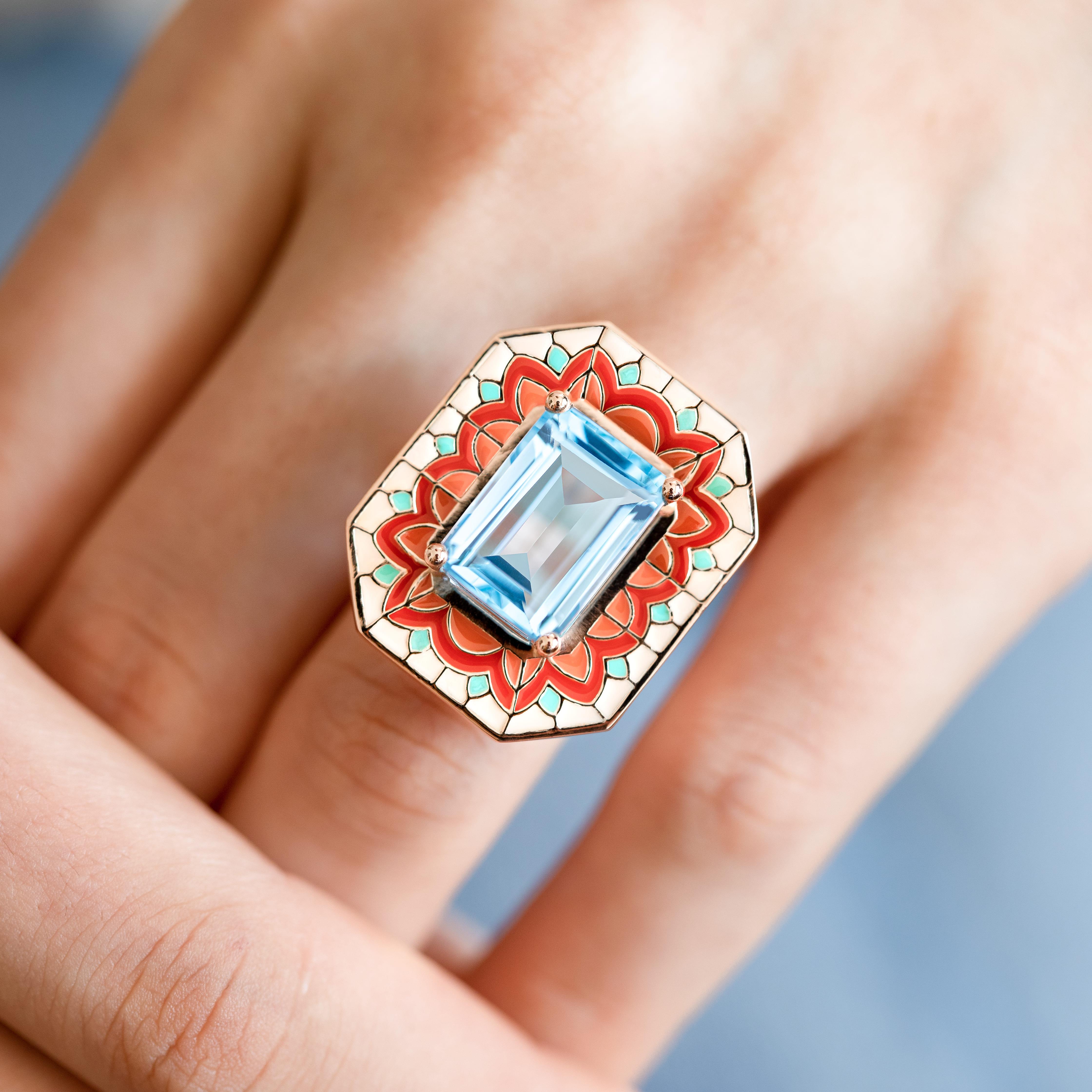 Emerald Cut Art Deco Style Ring, 6.00-7.00 Ct Sky Topaz Stone and Colorful Enamel Ring For Sale