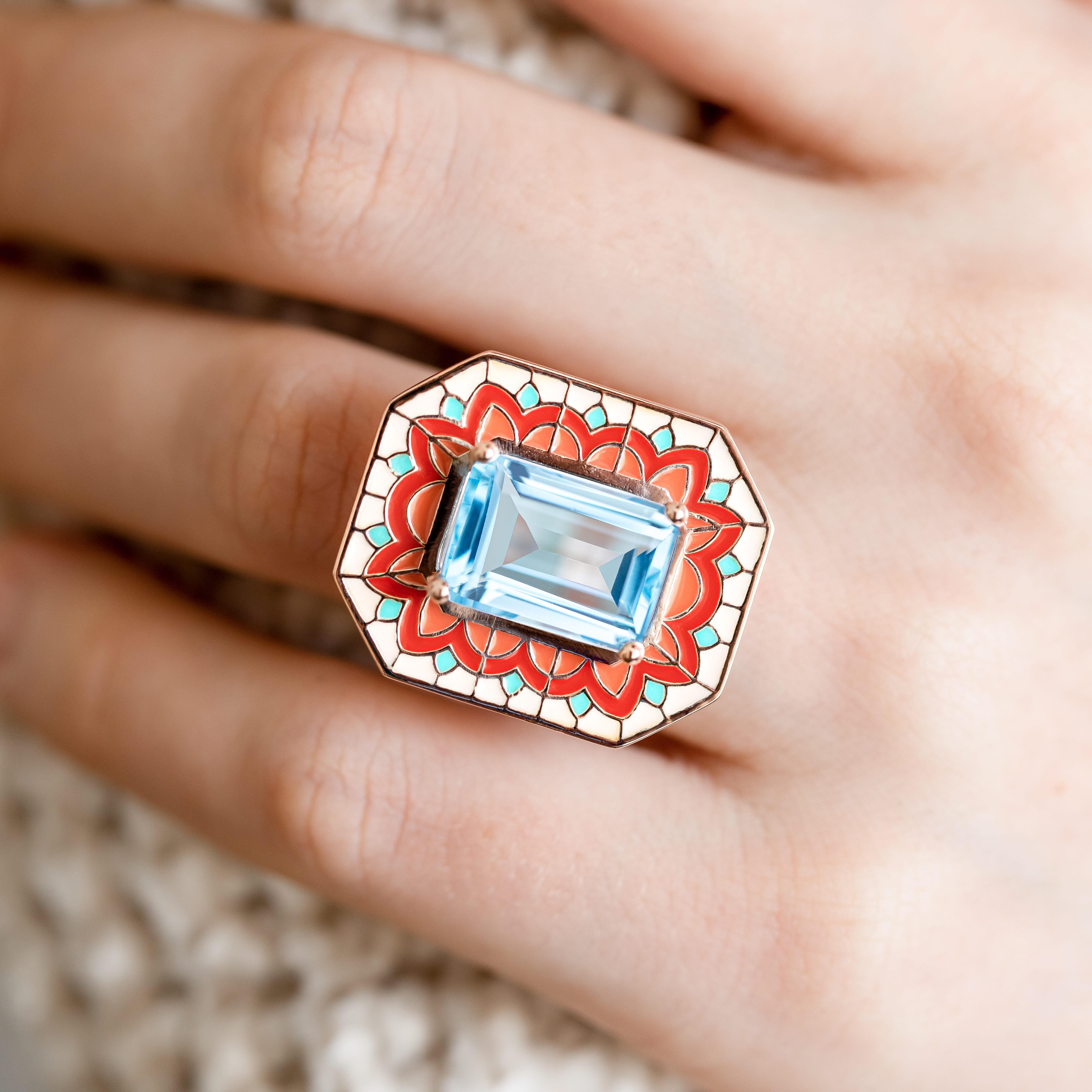 Art Deco Style Ring, 6.00-7.00 Ct Sky Topaz Stone and Colorful Enamel Ring In New Condition For Sale In ISTANBUL, TR