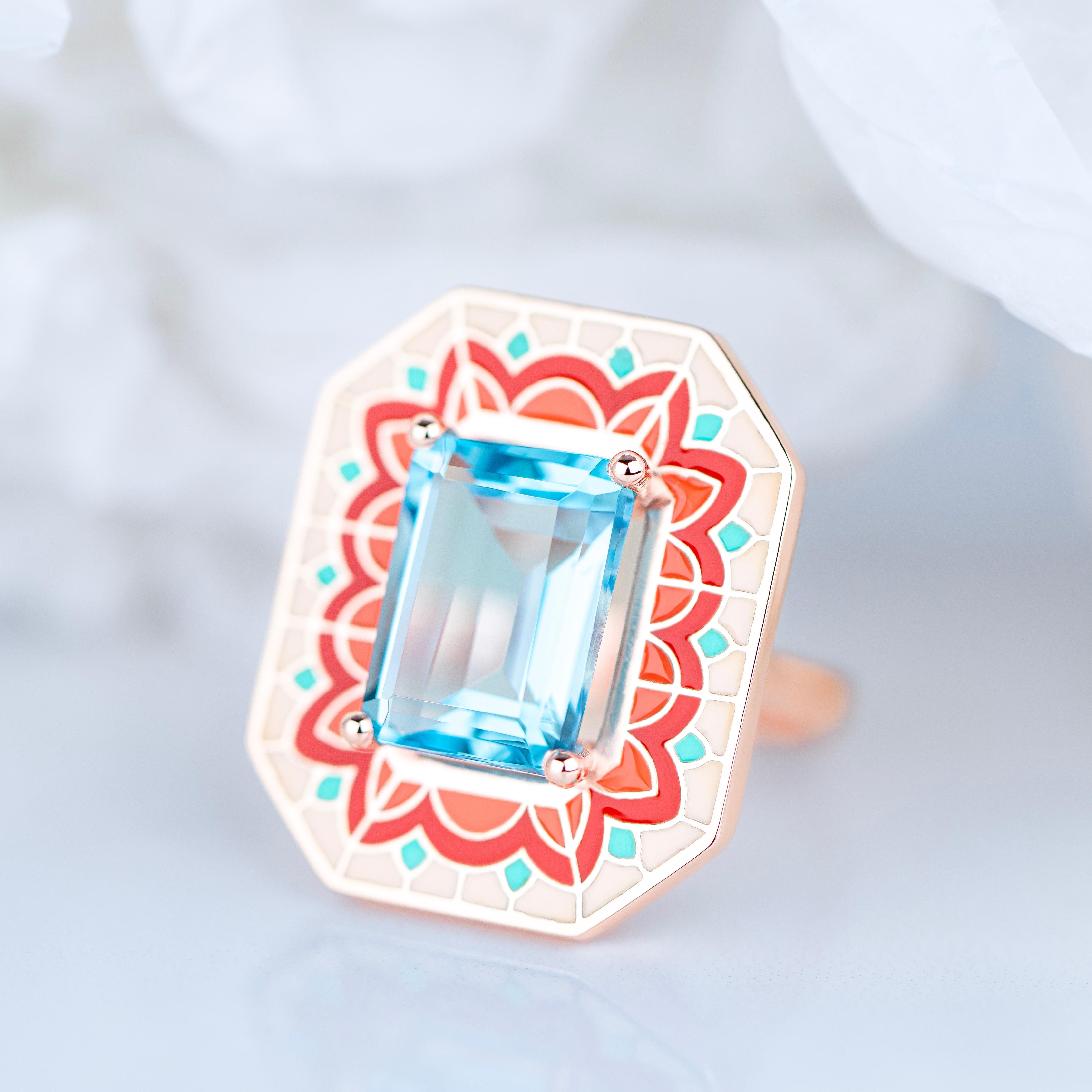 Art Deco Style Ring, 6.00-7.00 Ct Sky Topaz Stone and Colorful Enamel Ring For Sale 1
