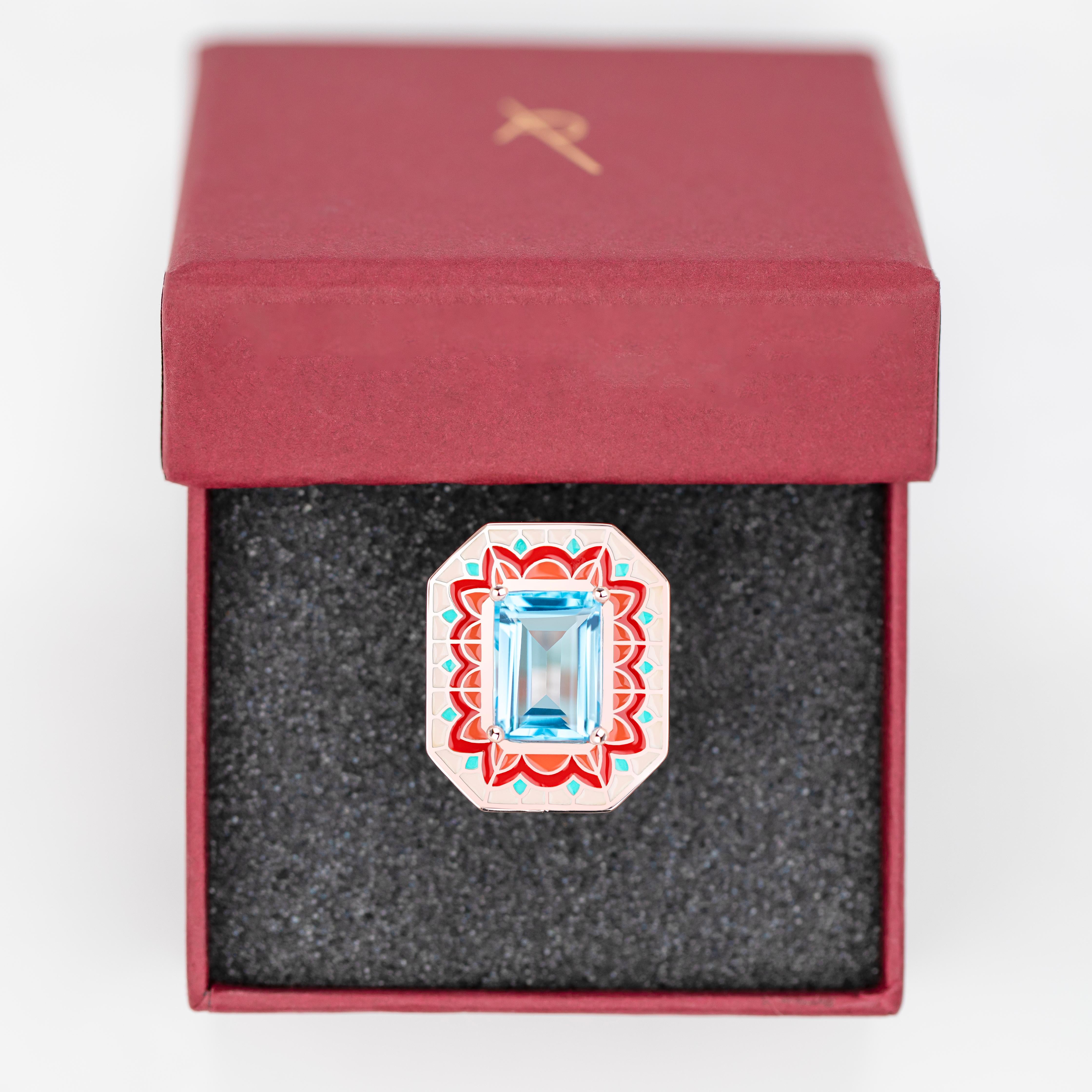 Art Deco Style Ring, 6.00-7.00 Ct Sky Topaz Stone and Colorful Enamel Ring For Sale 4