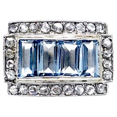Art Deco Ring  !930s Auamarine Baguette Cut Diamonds 18 Karat White Gold 