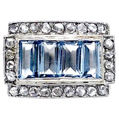 Art Deco Ring  !930s Auamarine Baguette Cut Diamonds 18 Karat White Gold