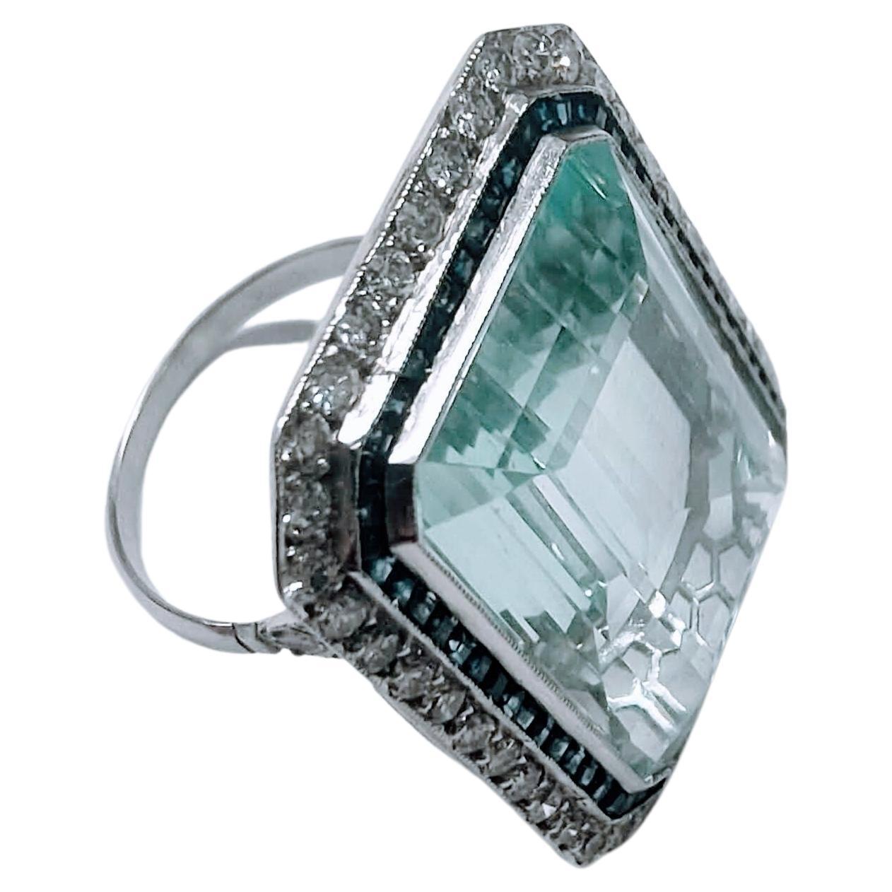 Vintage Art Deco Ring Aquamarine 30 Ctw. Diamond and Sapphire Platinum For Sale 5