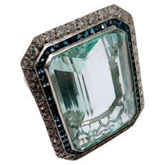 Vintage Art Deco Ring Aquamarine 30 Ctw. Diamond and Sapphire Platinum