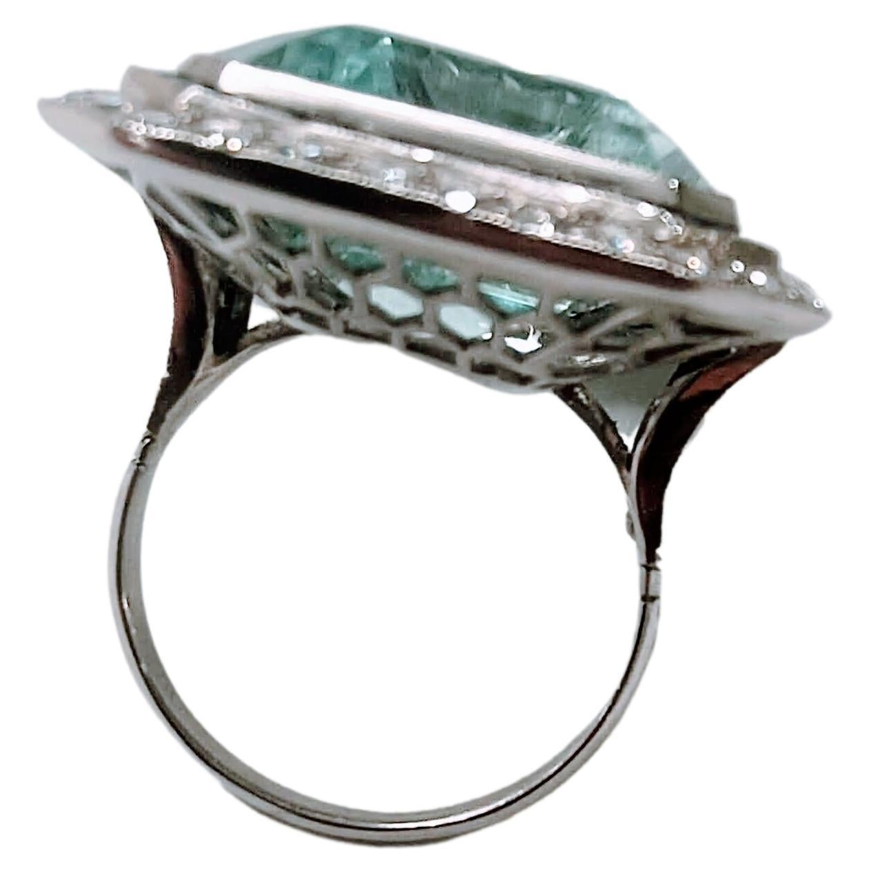 Women's or Men's Vintage Art Deco Ring Aquamarine 30 Ctw. Diamond and Sapphire Platinum For Sale