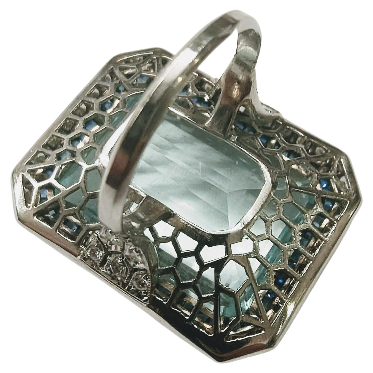 Vintage Art Deco Ring Aquamarine 30 Ctw. Diamond and Sapphire Platinum For Sale 1