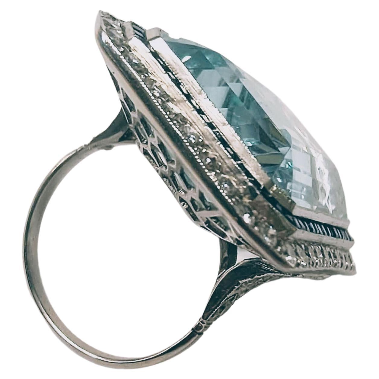 Vintage Art Deco Ring Aquamarine 30 Ctw. Diamond and Sapphire Platinum For Sale 2