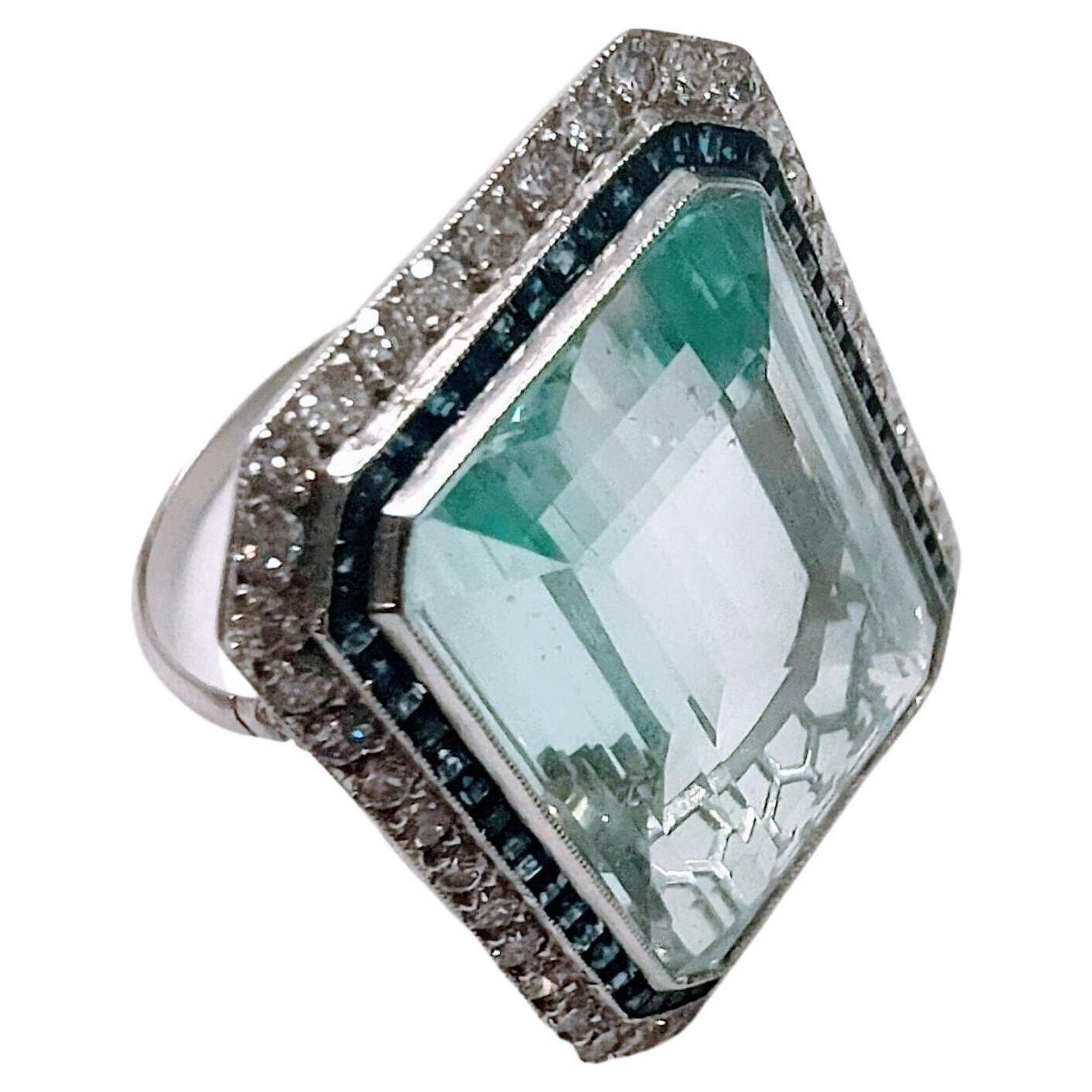 Vintage Art Deco Ring Aquamarine 30 Ctw. Diamond and Sapphire Platinum For Sale 4
