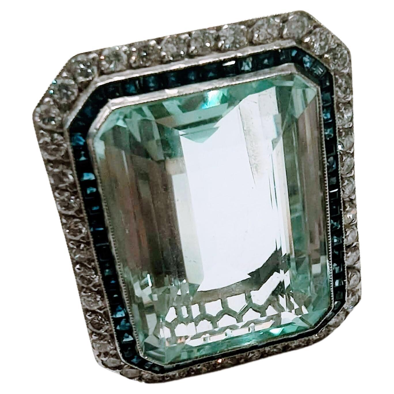 Vintage Art Deco Ring Aquamarine 30 Ctw. Diamond and Sapphire Platinum For Sale