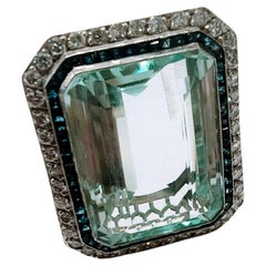 Vintage Art Deco Ring Aquamarine 30 Ctw. Diamond and Sapphire Platinum