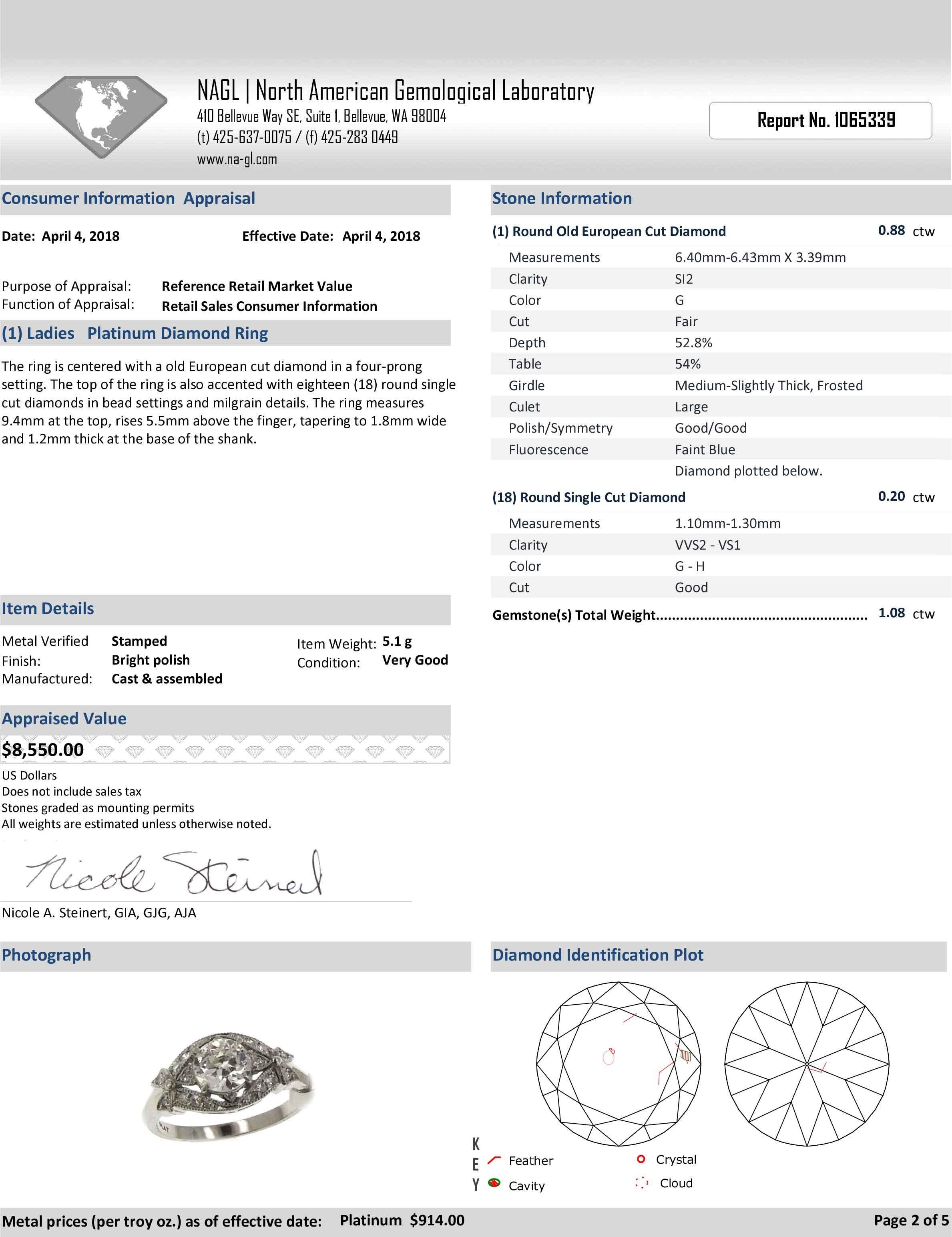 Art Deco Ring Certified 1.08 Carat Old European Diamond Platinum Milgrain 2