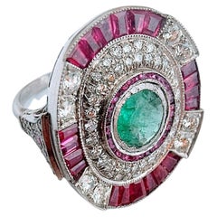 Vintage Art Deco Ring Circa 1940 Natural Colombia Emerald Ruby Diamond Platinum