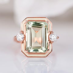 Art Deco Style, Green Amethyst Stone and Moissanite Ring, 14K Gold Ring