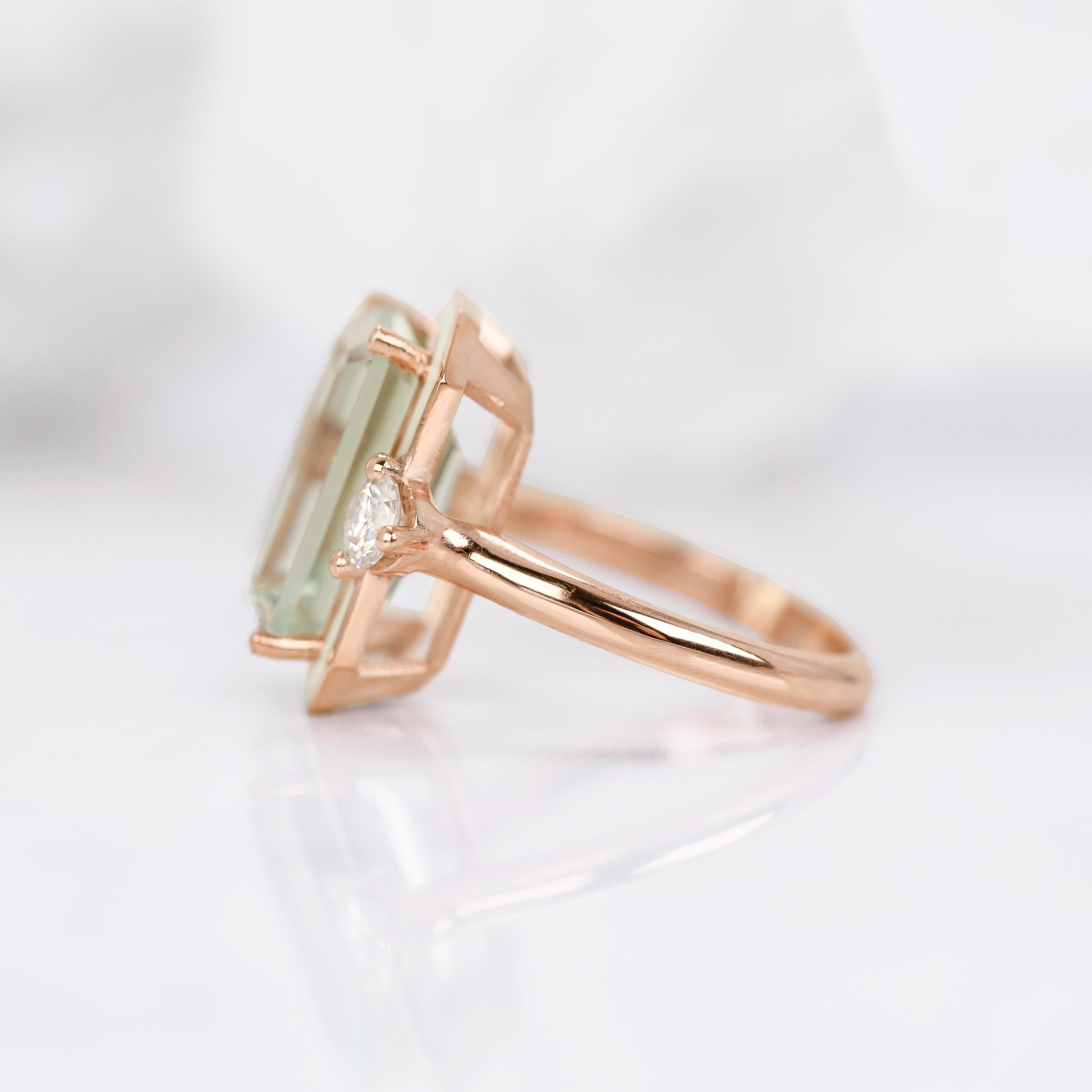 Emerald Cut Art Deco Style, Green Amethyst Stone and Moissanite Ring, 14K Gold Ring For Sale