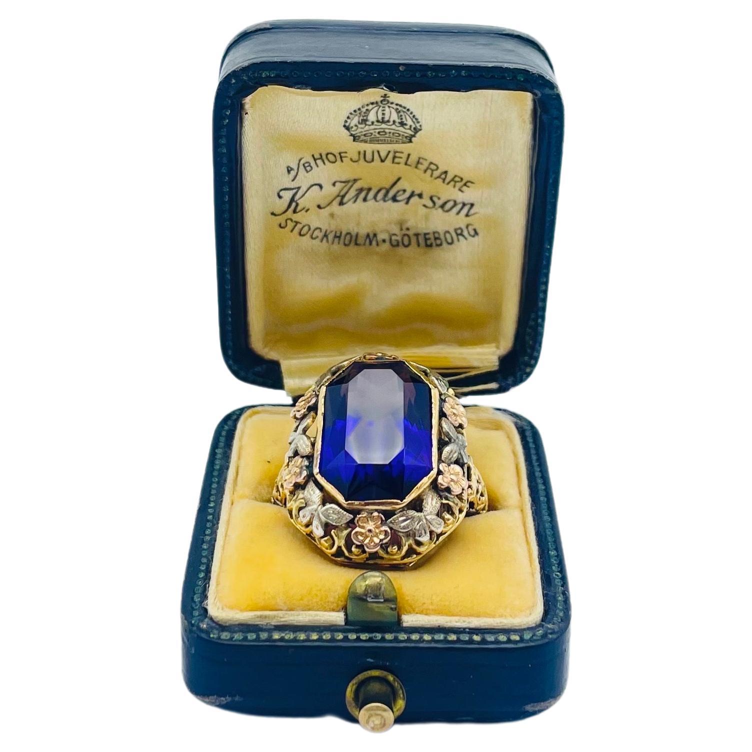 Art-Déco-Ring in 14k Gold dreifarbig mit einem großen Amethysten im Angebot