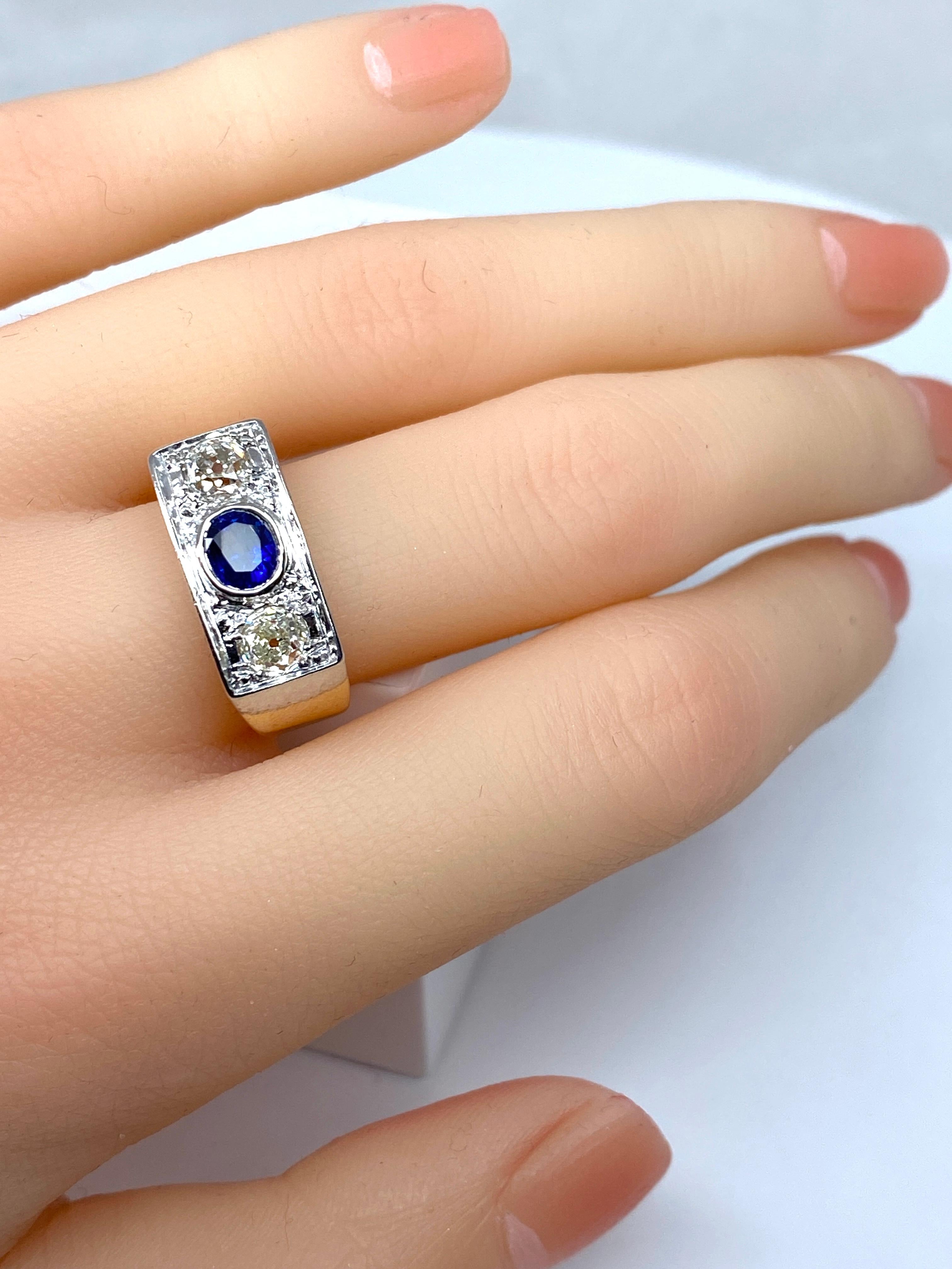 Art Deco ring in 18 carat gold adorned with a sapphire and diamonds, 1930 period For Sale 6
