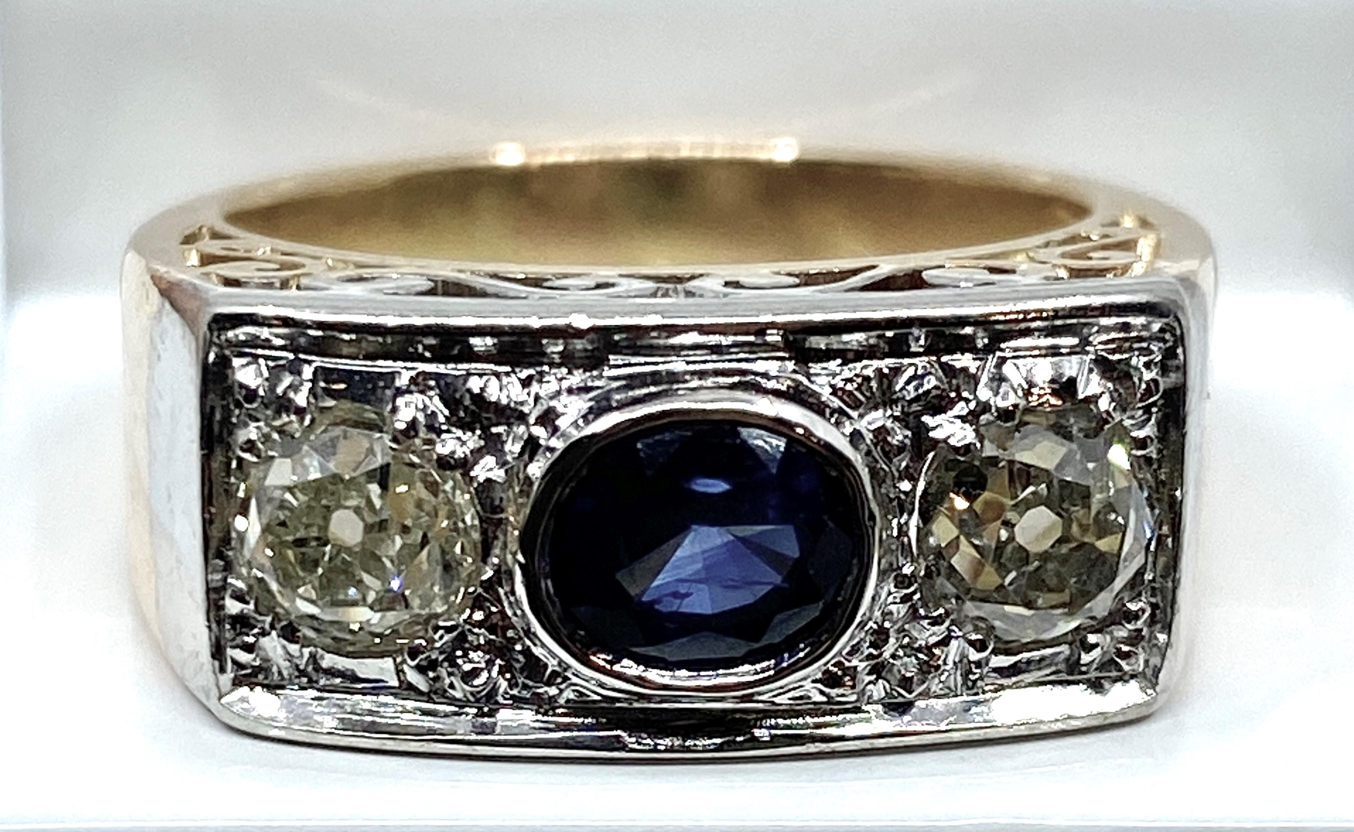 Art Deco ring in 18 carat gold adorned with a sapphire and diamonds, 1930 period For Sale 8