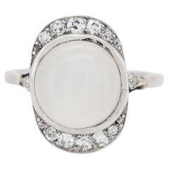 Antique Art Deco Ring in 18-Carat Gold, Moonstone, and Diamonds