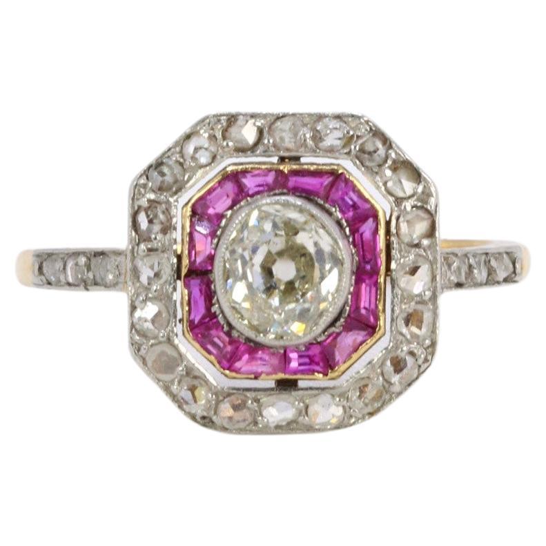 Art-Deco ring in gold, diamonds and calibrated rubies For Sale