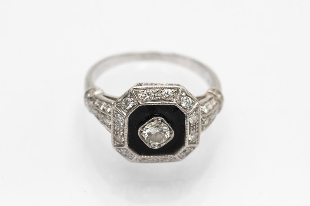 Women's or Men's Art Deco Ring in White Gold with Onyx and Diamonds