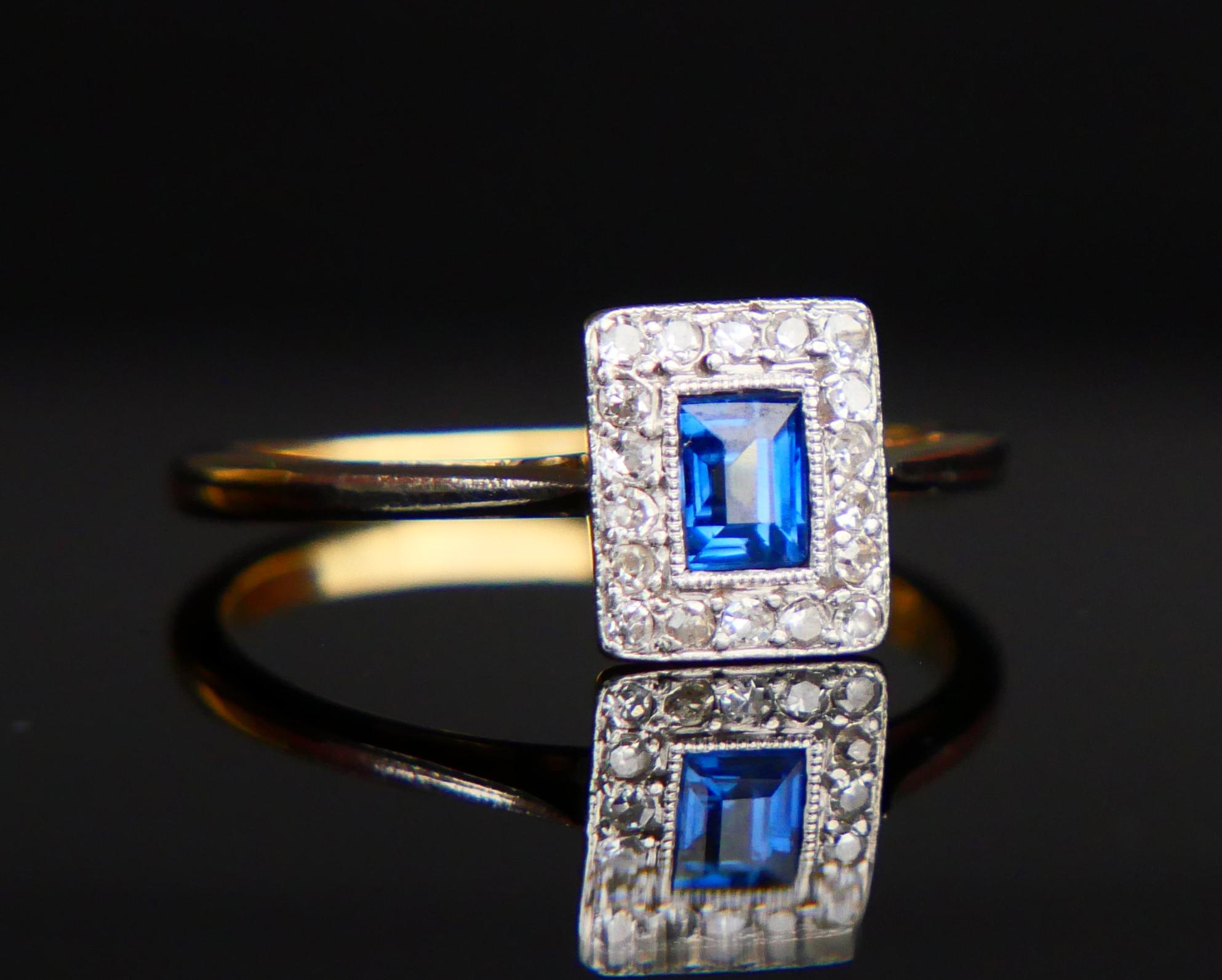 Art Deco Ring Natürlicher Saphir Diamanten massiv 18K Gold Platin ØUS6.25US/2.2gr im Angebot 5