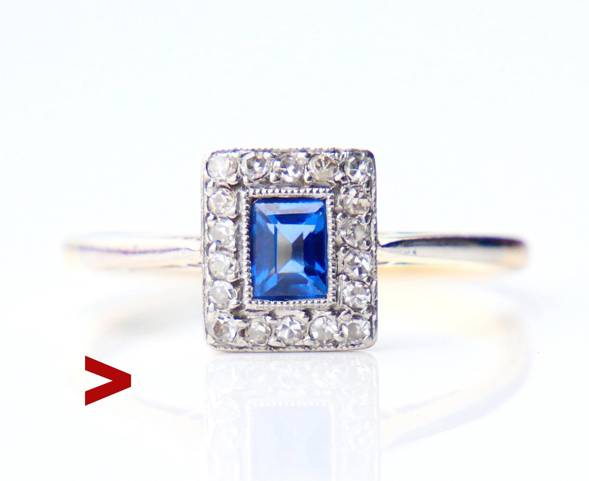 Beautiful Antique Art - Deco Sapphire and Diamonds Ring made between ca. 1920 -1940s.

The Crown is 8 mm x 7 mm x 4mm deep.
Band hallmarked 18 ct and PLAT (platinum).

Band in solid 18ct Yellow Gold with top of the crown in Platinum featuring