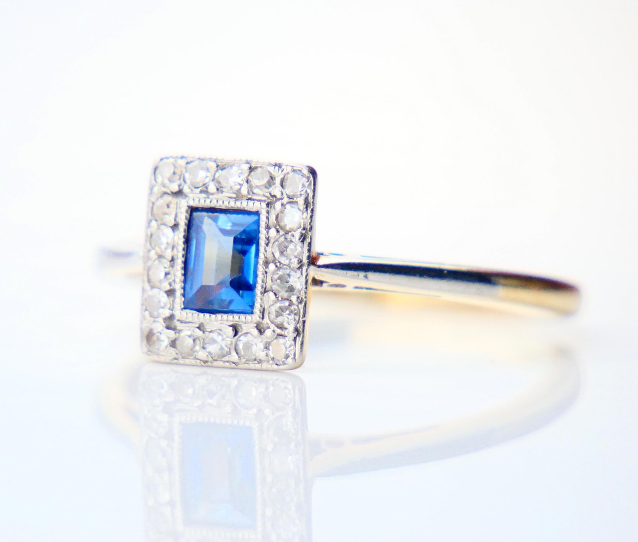 Baguette Cut Art Deco Ring Natural Sapphire Diamonds solid 18K Gold Platinum ØUS6.25US/2.2gr For Sale