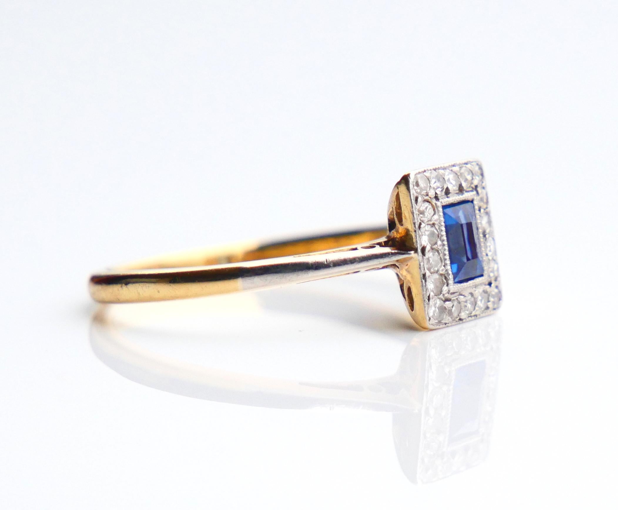 Art Deco Ring Natürlicher Saphir Diamanten massiv 18K Gold Platin ØUS6.25US/2.2gr im Angebot 1